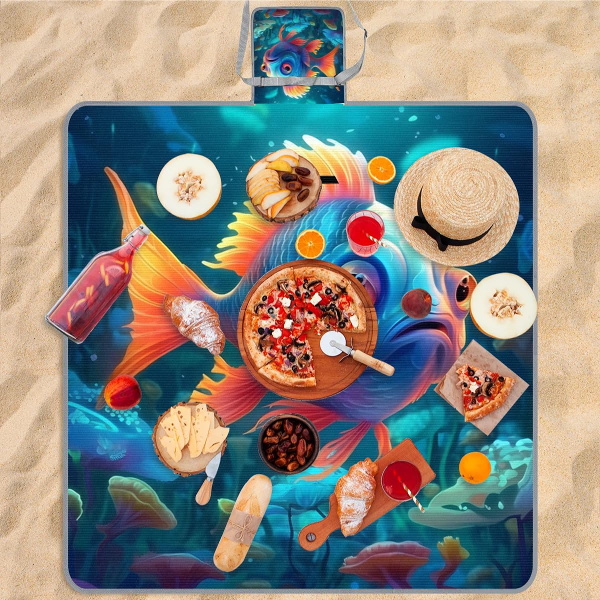Mantas de picnic de 150 x 145 cm, manta de playa plegable con diseño de océanos coloridos para exteriores, impermeable, para playa, camping, senderismo, picnic