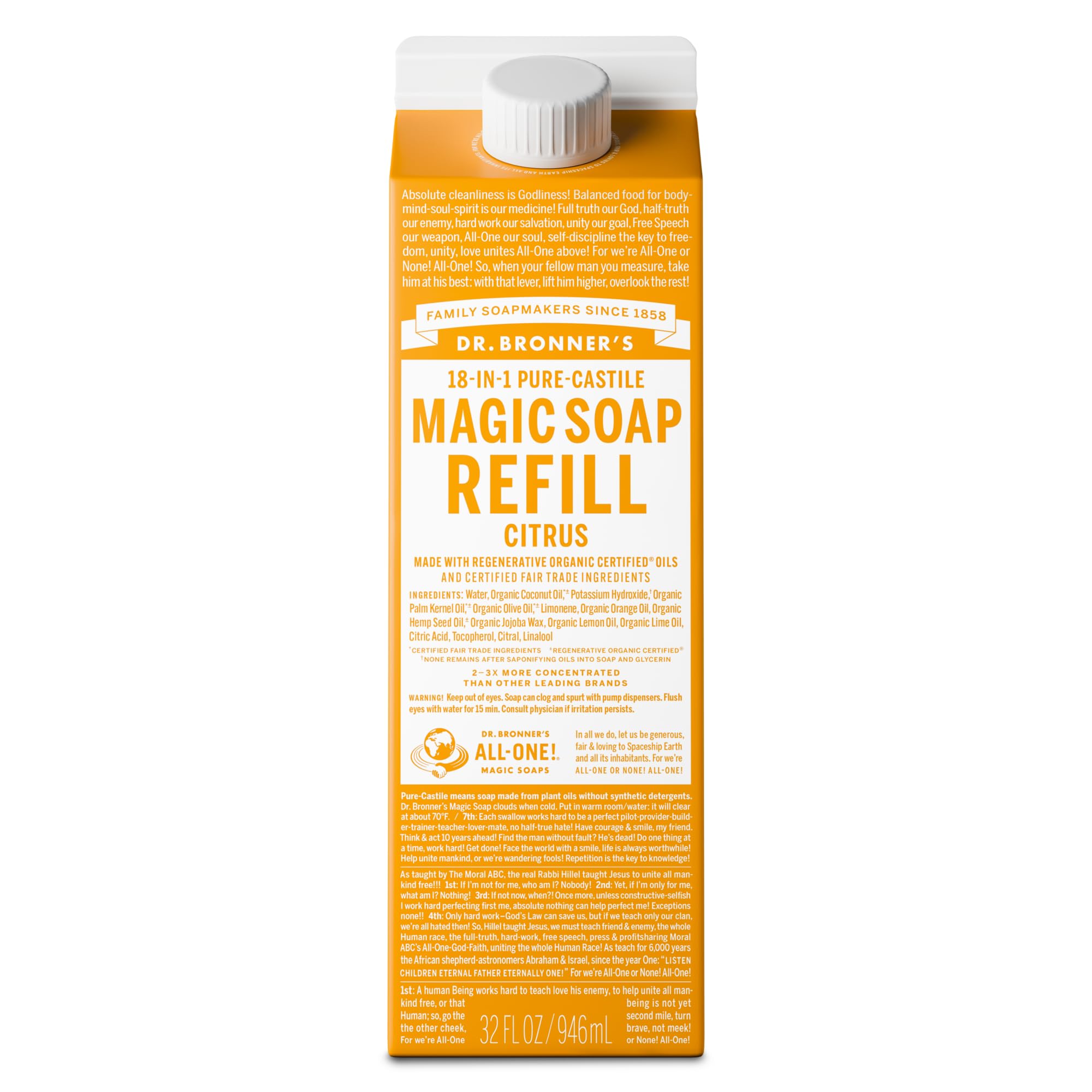Dr. Bronner's Magic Soap-Pure-Castile Liquid Refill (Citrus, 32 ounce, 1-Pack) - Made with Regenerative Organic Certified Oils, For Body, Hair, Laundry, Pets & Dishes - Concentrated, Vegan, Non-GMO
