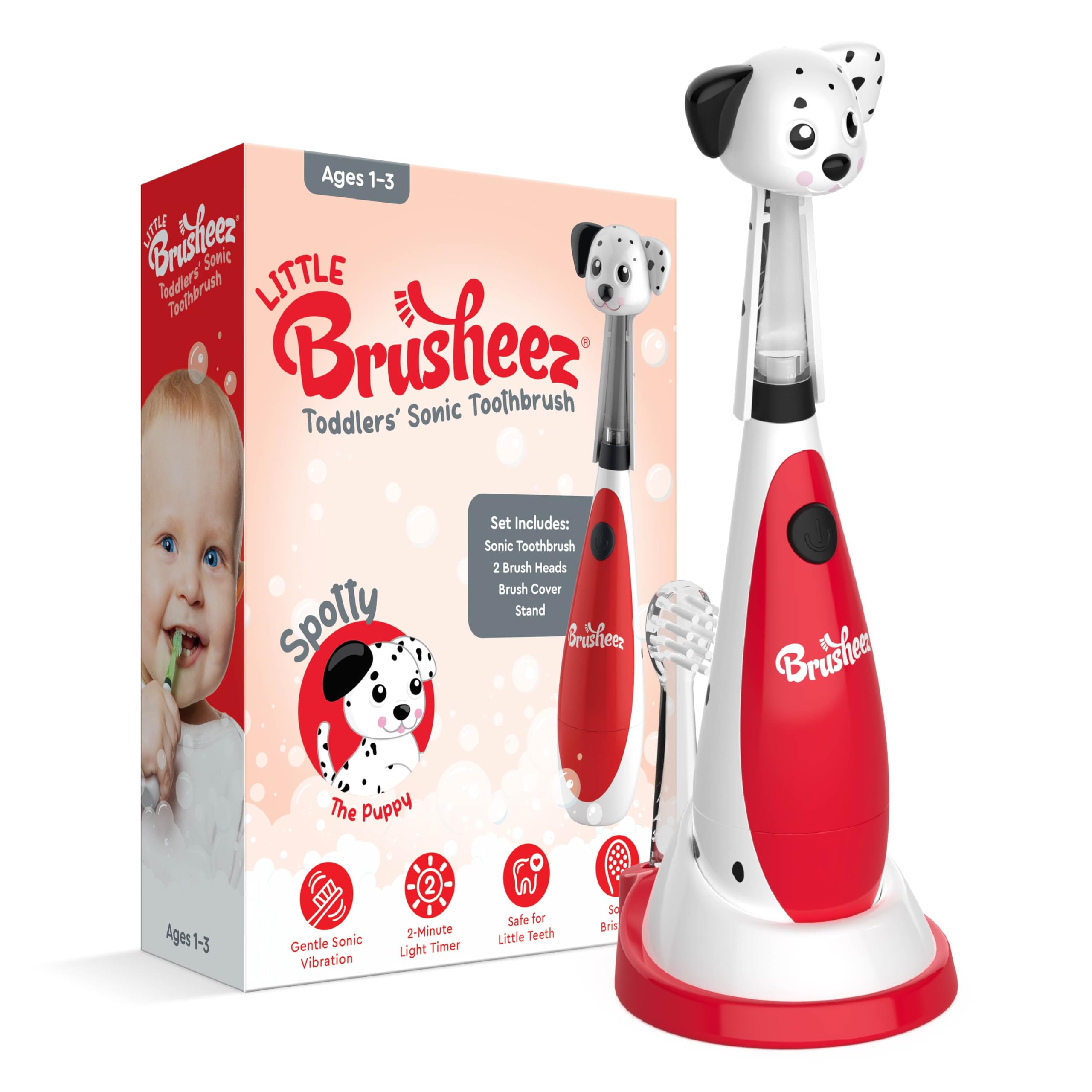 Brusheez Little Toddlers’ Sonic Toothbrush - Safe & Gentle Toothbrush for Ages 1-3 with Built-in, Light-Up 2-Minute Timer, Extra Brush Head, & Storage Base for First-Time Brushers (Spotty The Puppy)