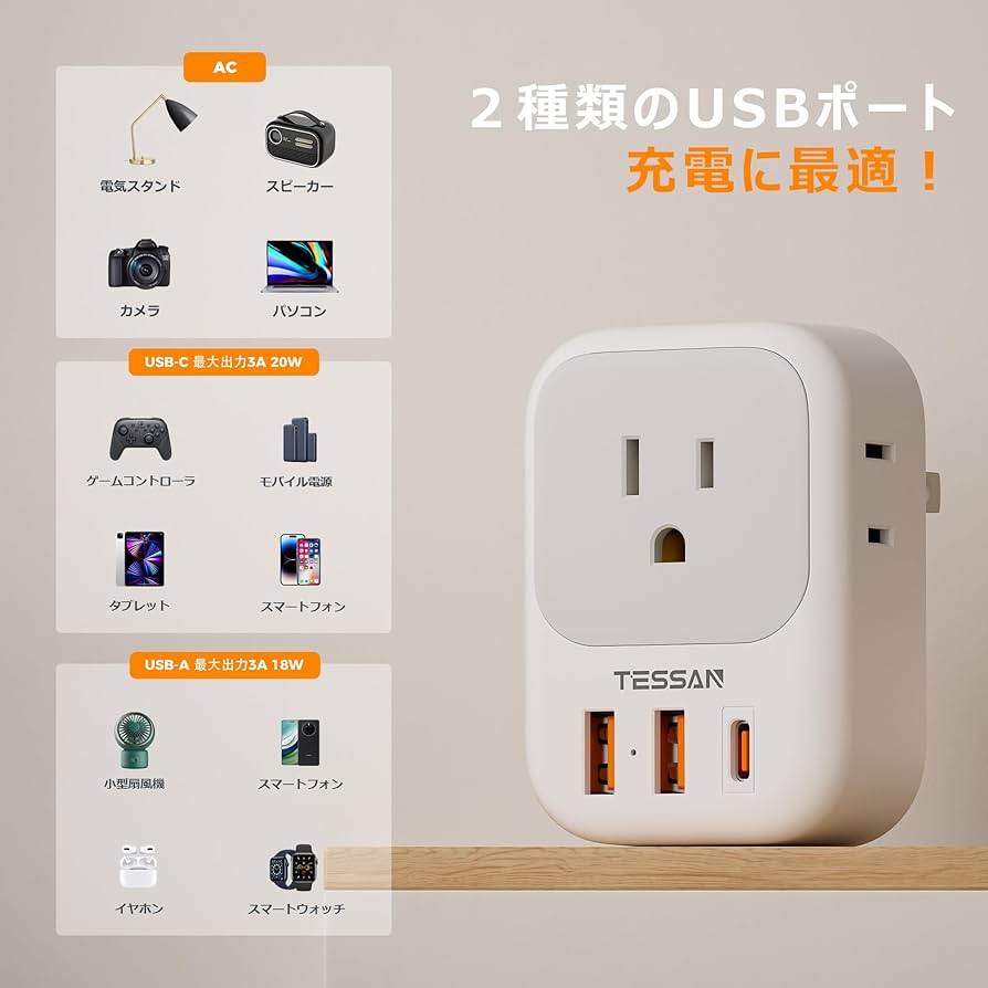 Amazon.co.jp: USB コンセント タップ （7-in-1, 20WPD）TESSAN