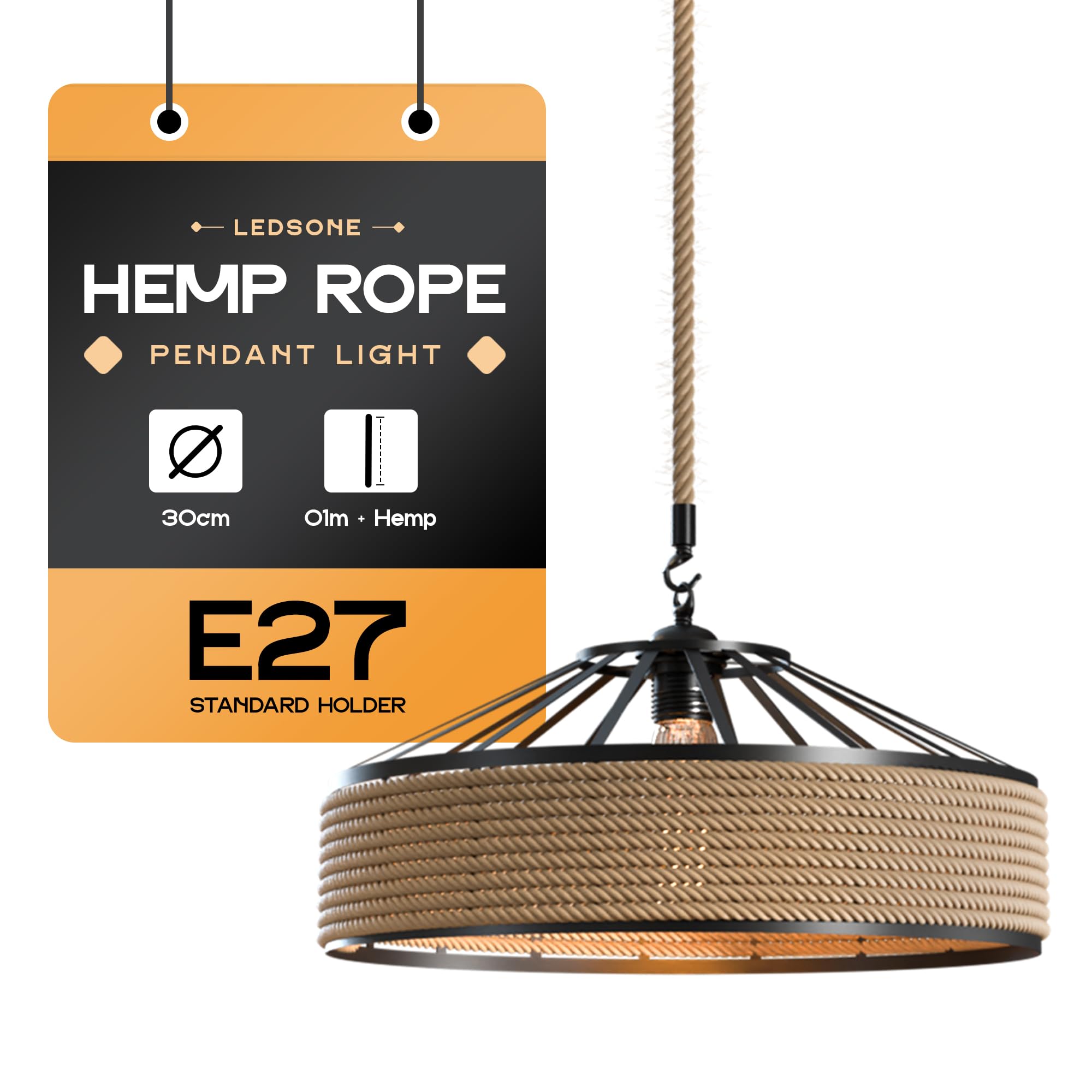 Ledsone Hemp Rope Pendant Light Shade, 30Cm Retro Metal Cage Ceiling Lamp Shade
