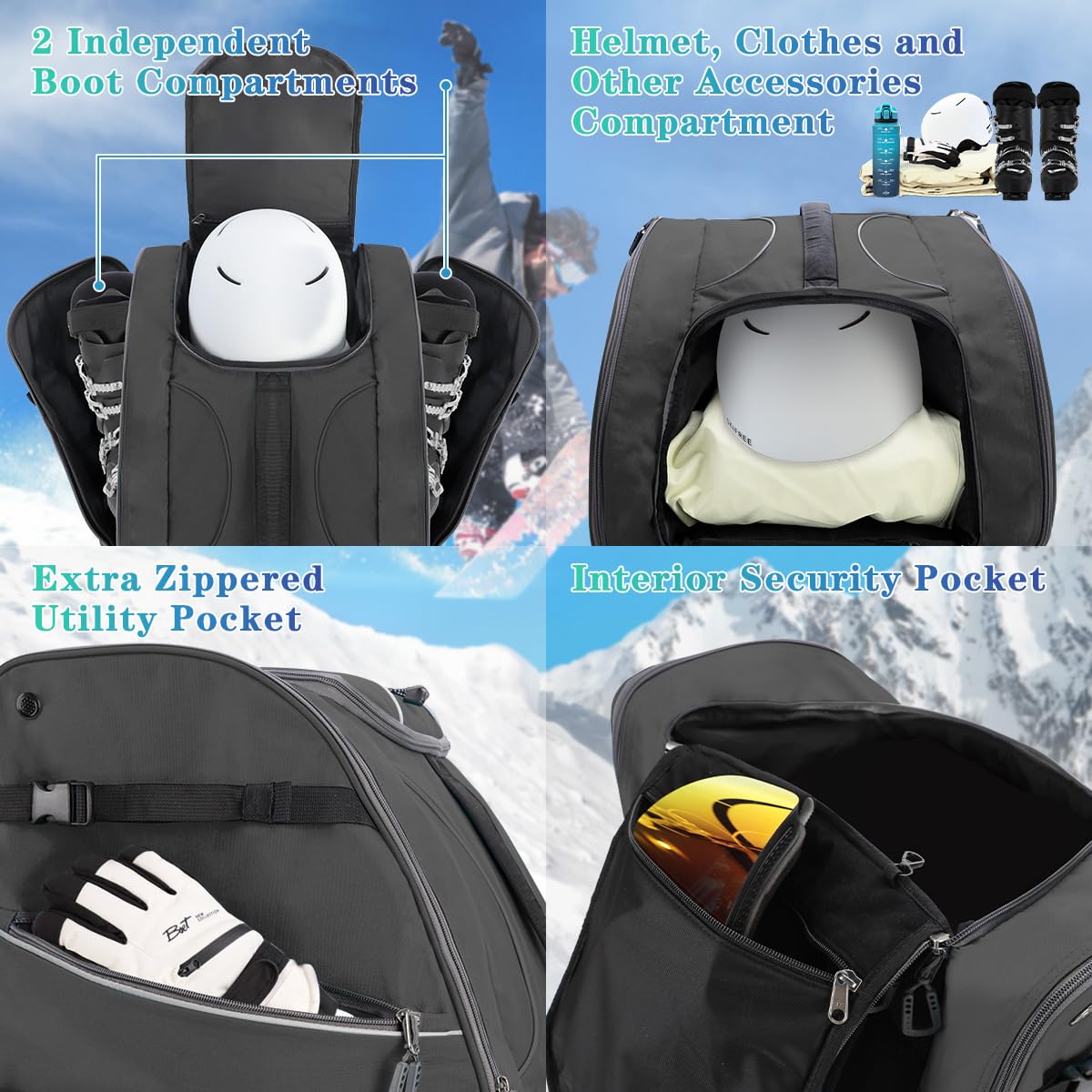 Sac à Chaussures de Ski Imperméable 55L avec Compartiment pour Casque - Sac à Dos de Sport pour Skis, Camping