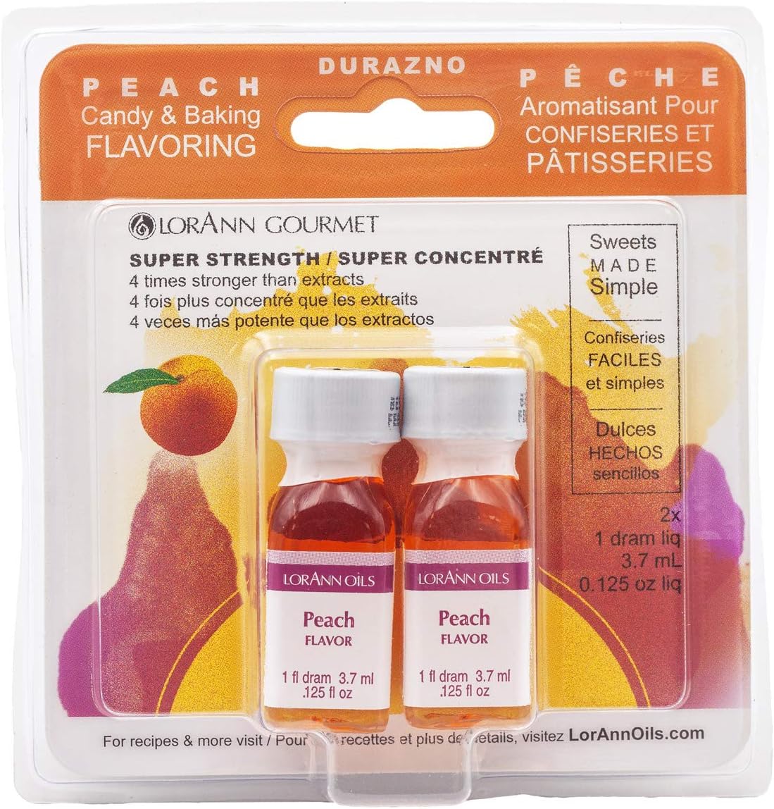 LorAnn Oils Super Strength Flavoring - Used For Candy Making, Flavoring, Baking, Hard Candy, & Flavor Oils - Bold, Natural Flavors 4X Stronger Than Extracts - Peach, Pack of 2, 0.125 fl oz