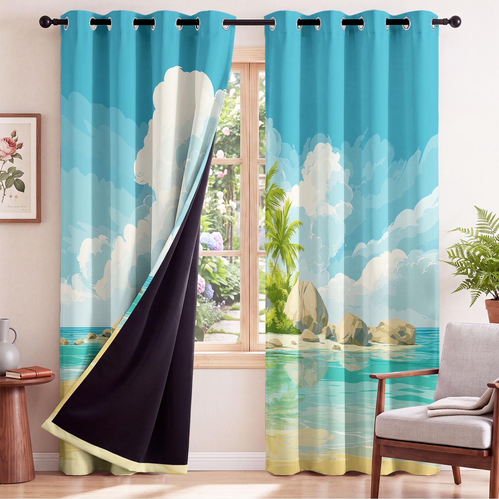 Generisch Tende oscuranti a forma di isola del mare tropicale, con motivo botanico di cocco botanico, protezione dal calore, 140 x 250 cm (larghezza x altezza), con occhielli, per soggiorno