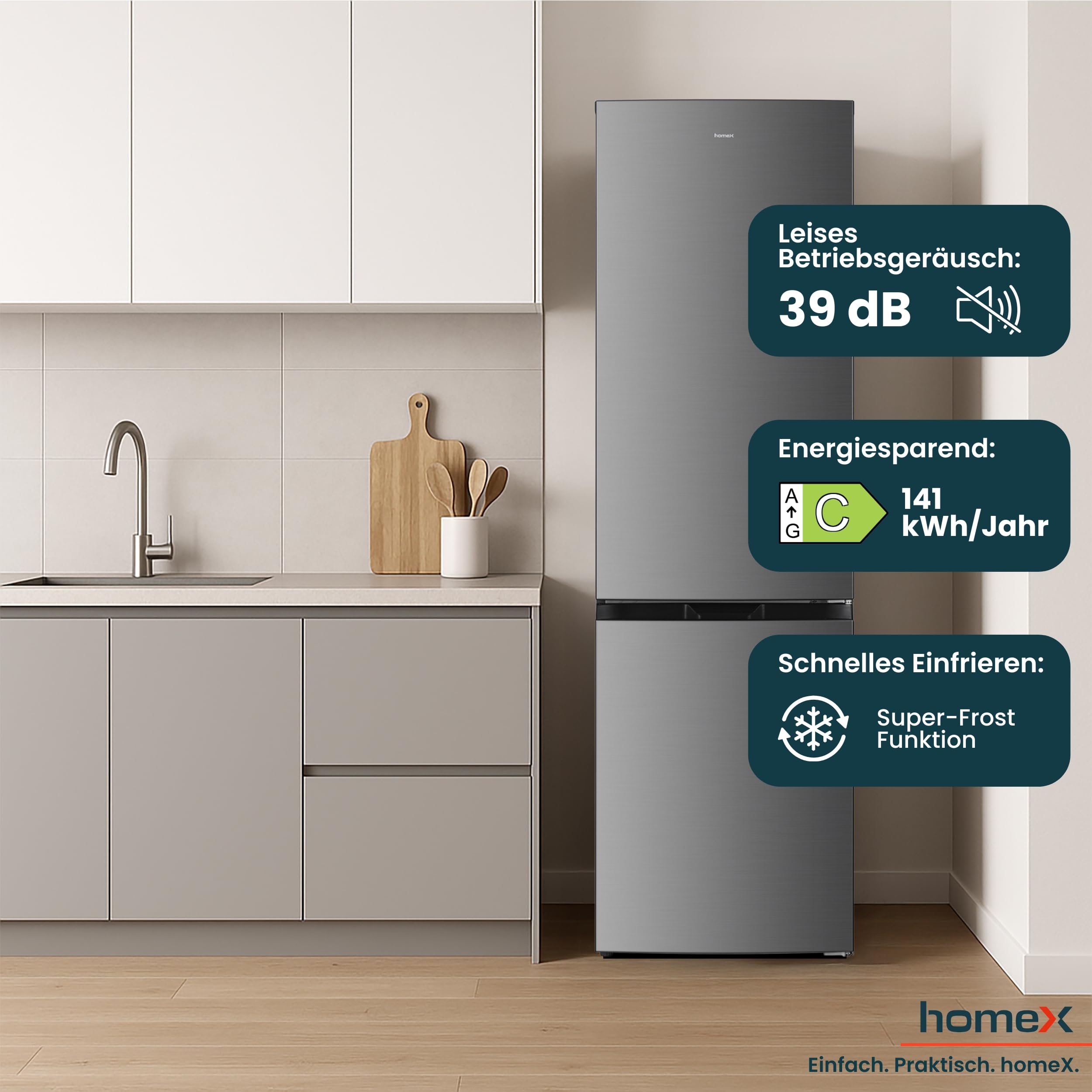 homeX Kühlschrank mit Gefrierfach No Frost, Kühl-Gefrier-Kombination freistehend, groß - 253 Liter, Super-Frost-Funktion, leise Kühlgefrierkombi, EEK C, Kühl Gefrierkombination, silber, CFSN2531C-S