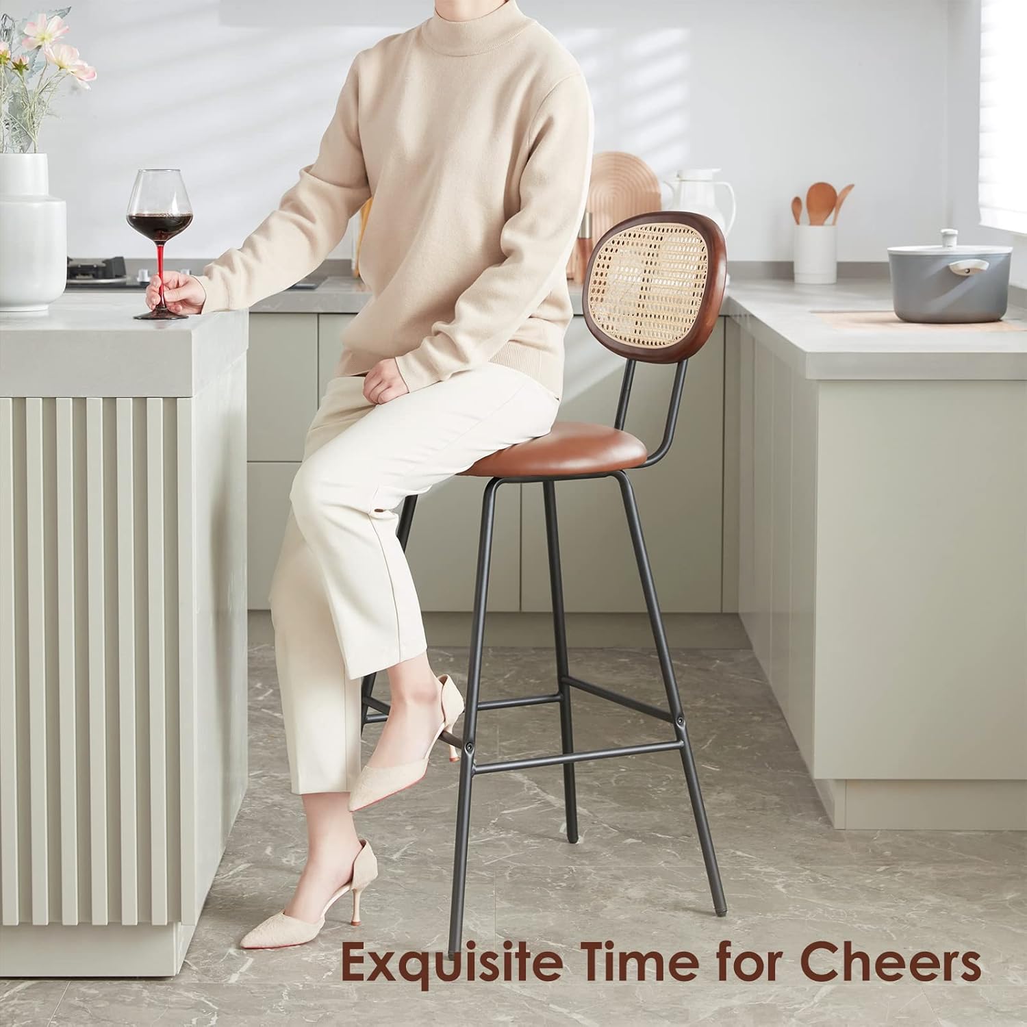 Bar Stools High Chair Bar Stools Set of 4, Modern Industrial Faux Leather Dining Chairs Barstools for Coffee Tall Mid Century Bar Stools with Back Barstools Rattan Counter Stool Boho Chairs Brown,30" - Chairs