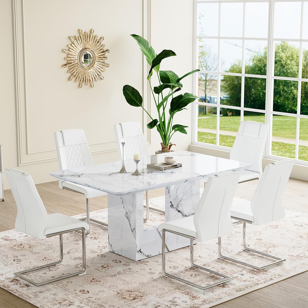 Amazon.com - 63'' Marble Rectangular Dining Table Set, 7 Piece with MDF ...
