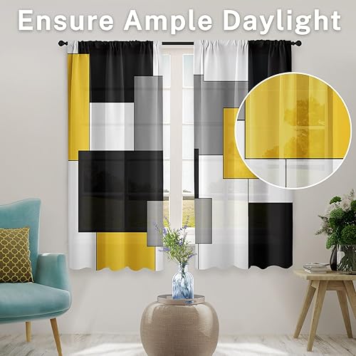 Vista 128 de Cortinas geométricas de cocina negras y grises de 63 pulgadas de largo, juego de 2, cortinas grises y blancas para dormitorio, sala de estar, Gris