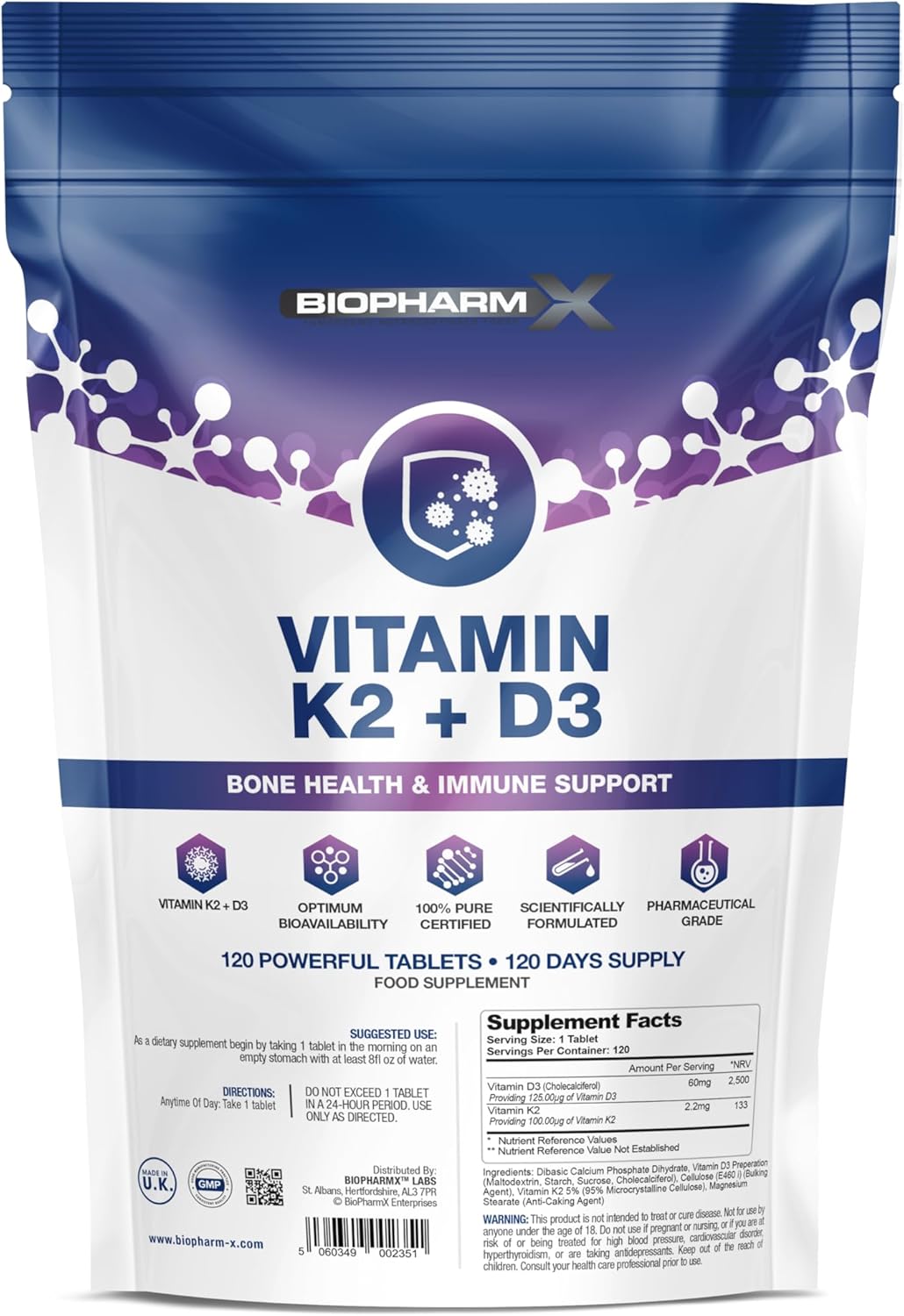 BioPharmX Maximum Strength Vitamin D3 4000+ IU & Vitamin K2 100mcg – 120 Vegetarian Tablets – 100% Pure, Certified, UK Manufactured