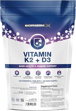 Vitamin D3 & K2 MK7 5000IU / 100 g - 120 Easy to Swallow Tablets 4 Month Supply High Strength D3 and K2 Supplement - Manufactured in The UK by BioPharmX