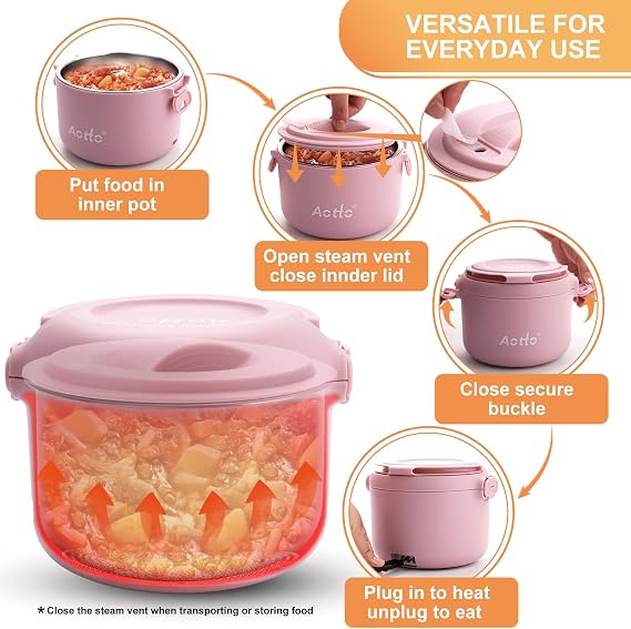 Aotto Portable Oven Car Food Warmer, Electric Heated Lunch Box Black and Pink