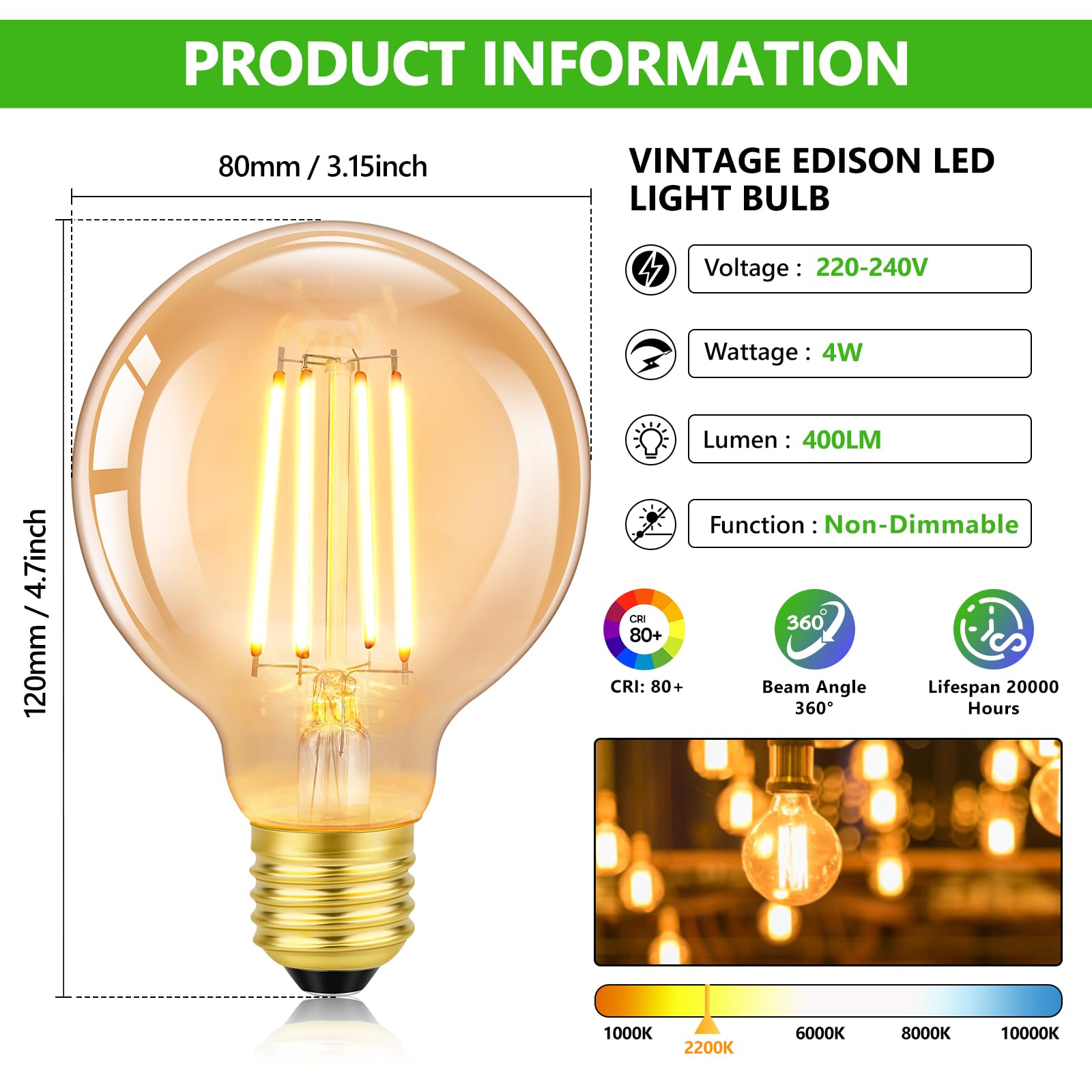 Morotty E27 Edison Screw Light Bulbs,4W Equivalent 40W,Globe Decorative Light Bulb,400lm,Warm White 2200K,Led Filament - Image 2