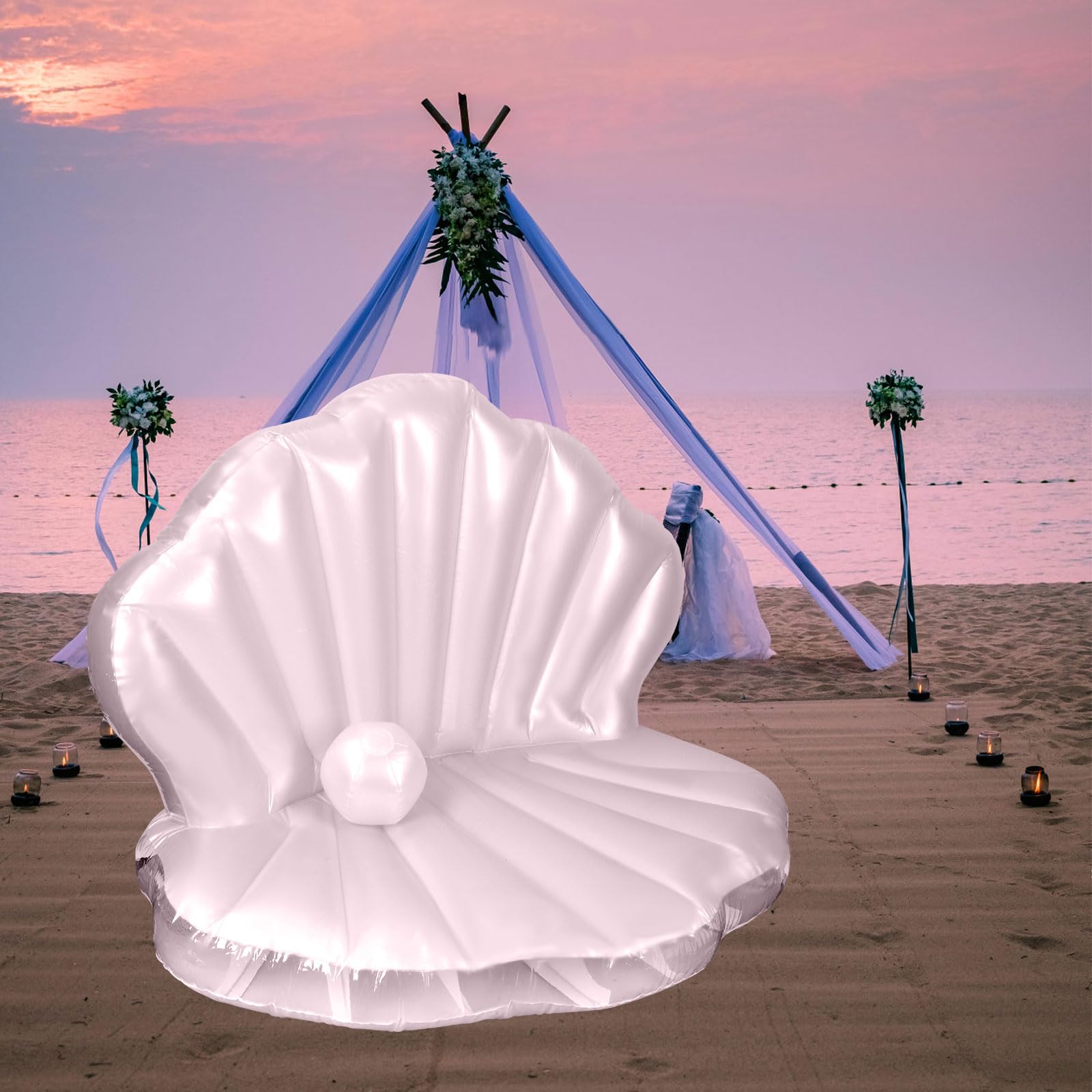 BOXOB Flotador de Piscina de Concha Marina, 144cm Grueso Inflable Gigante con Bola Perla para Despedidas Oltera Temática Oceánica y Verano Playa Divertida Fiesta en la Piscina Decoración