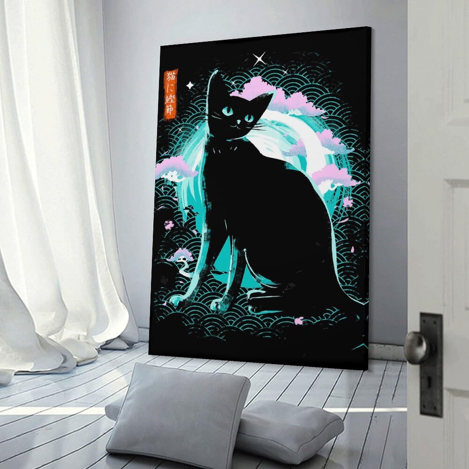 Junmoney Japanese Cat Hanging Wall Art, 24x36inch(60x90cm), for Bedroom Walls, Guest Spaces Or Lounges, An Easy Wall Refresh for Bedrooms