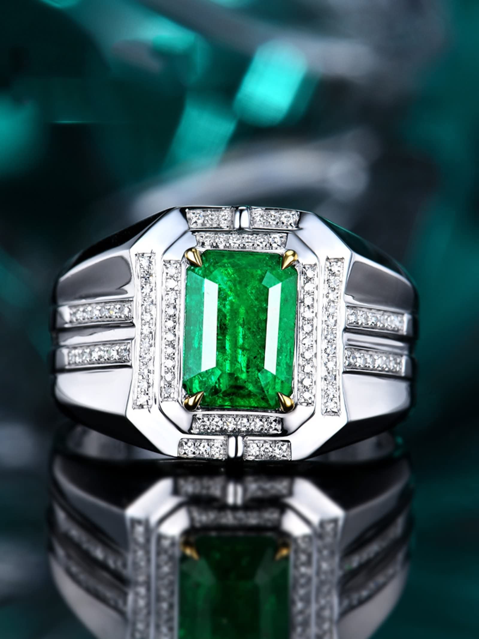 AMDXD Anillo para hombre de oro 750 plata de ley 925, laboratorio rectangular, esmeralda de 1,5 quilates con moissanite de 0,22 quilates, anillo solitario, anillo de compromiso, joya auténtica,