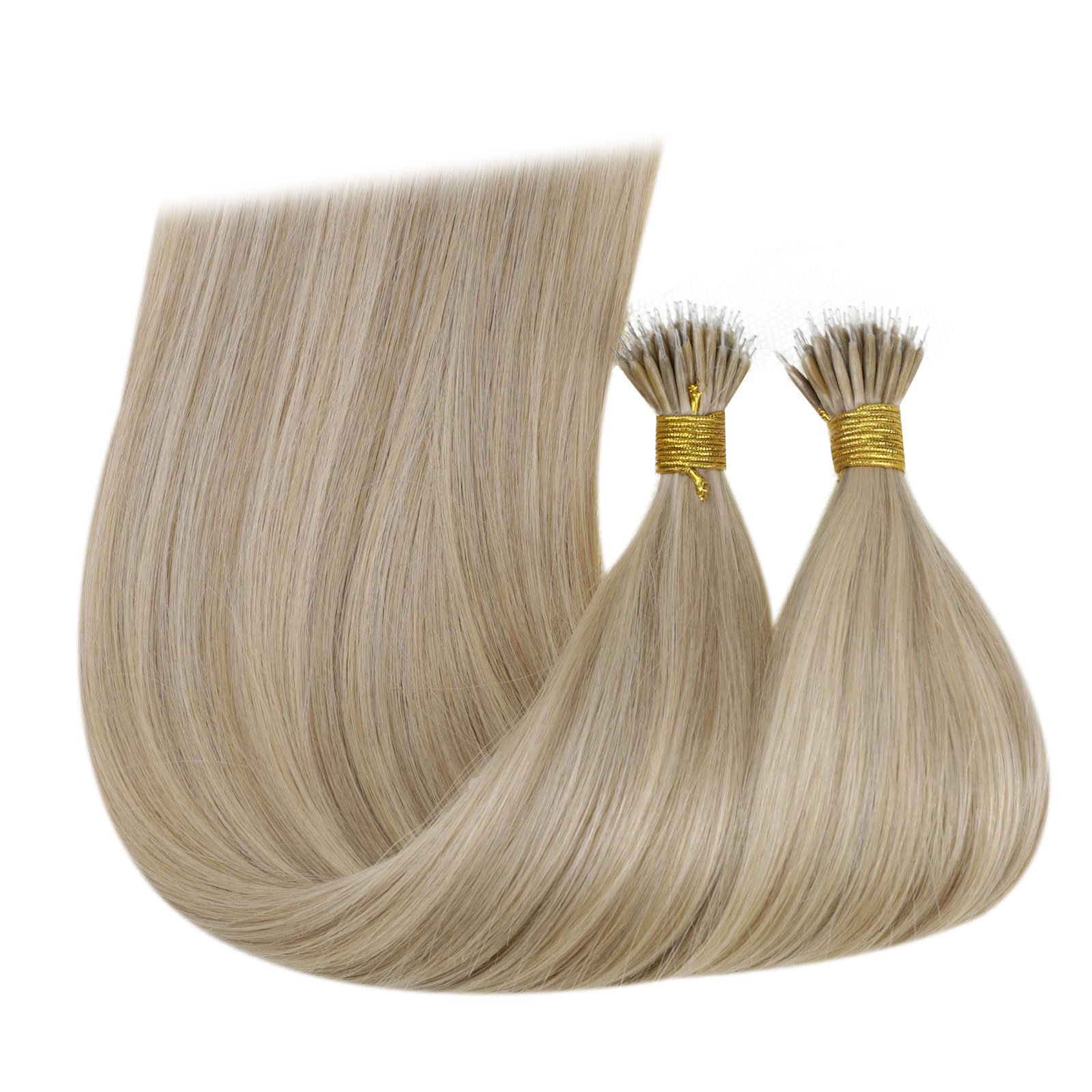 RUNATURE Nano Hair Extensions Real Human Hair Blonde Nano Beads Hair Extensions Highlight Light Brown with Ashy Blonde Invisible Nano Ring Straight Remy Hair 50s 12 Inch #16P22 — view 9