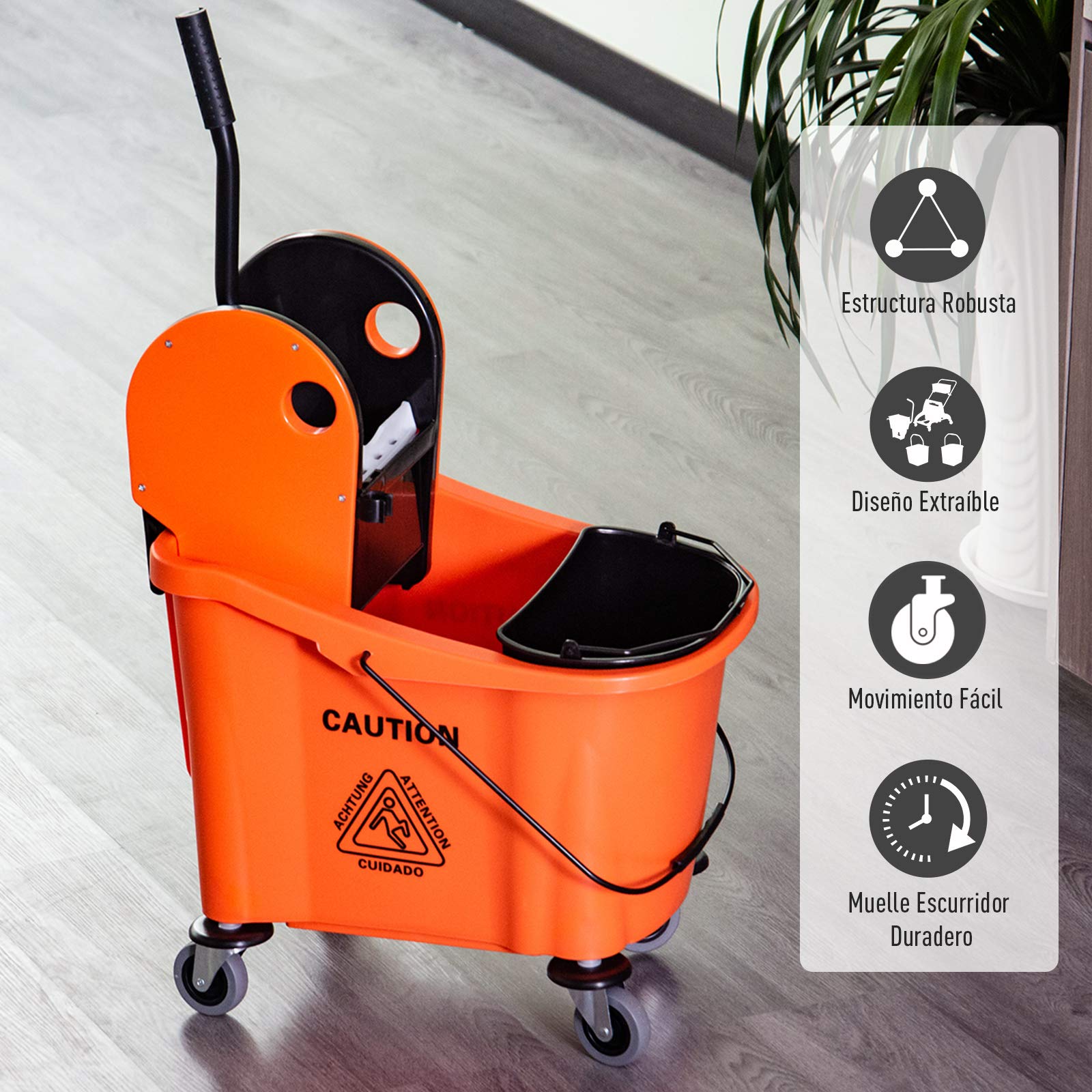 HOMCOM Cubo de Fregona con Ruedas Capacidad de 36L Carro de Limpieza con Escurridor de Presión Abajo y 2 Cubetas Separadas 54x41x91,5 cm Naranja