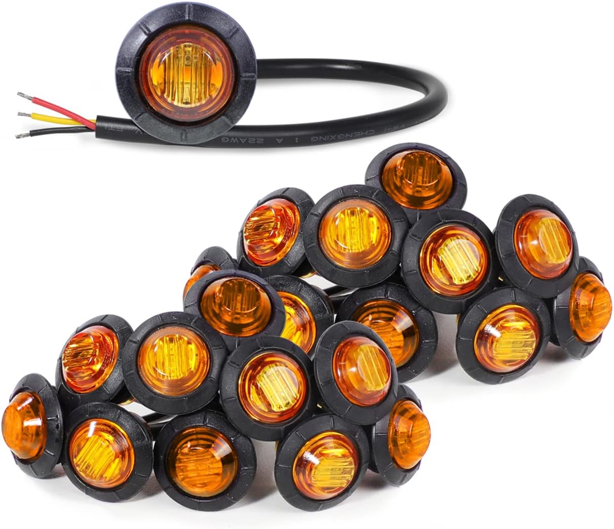 MADCATZ (Pack of 20) 3/4 Inch Small Round Amber 3 LED Trailer Turn Signal Side Marker Lights Waterproof Trailer Bus Van RV Truck 12V DC 3Led-HL