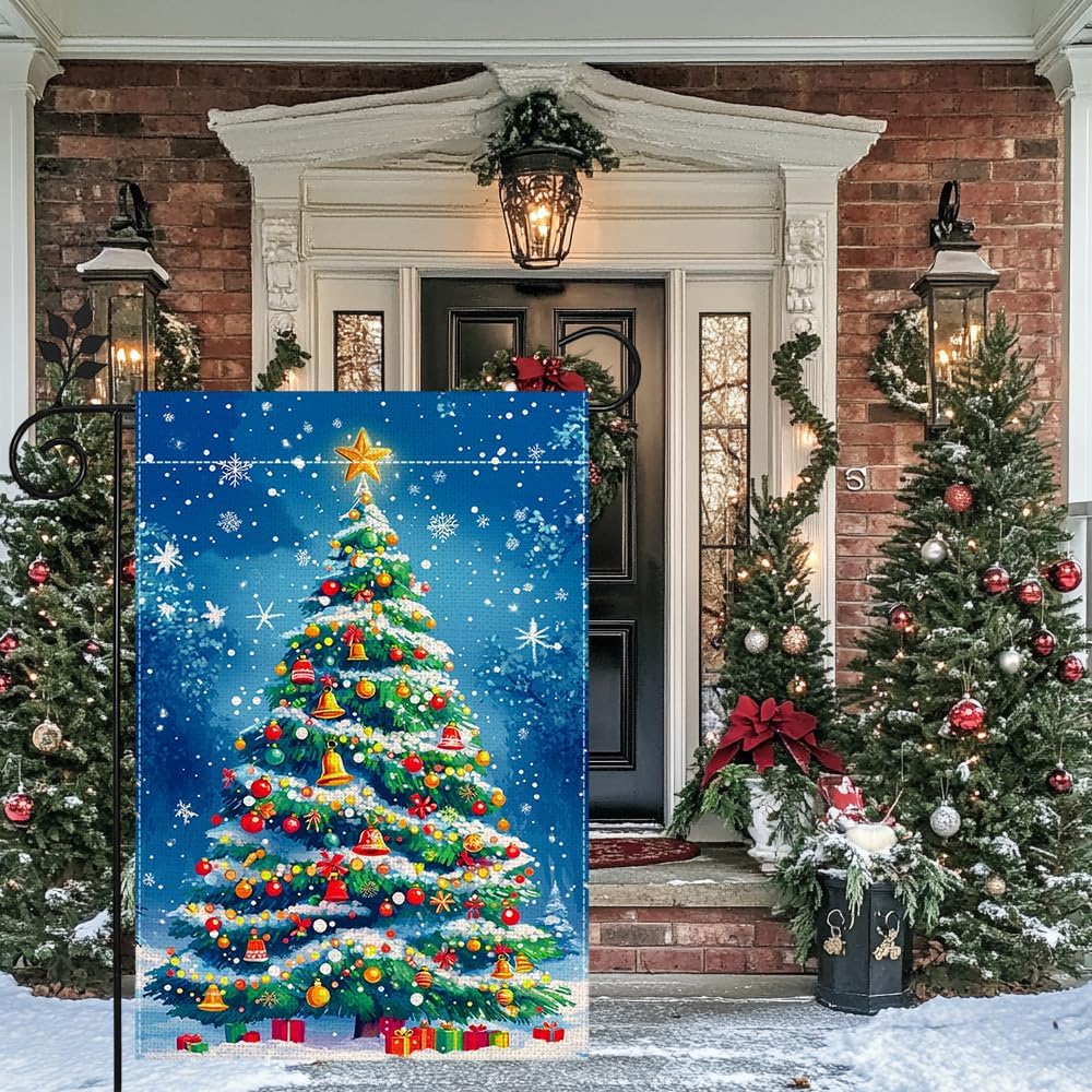 Winter Christmas Tree Garden Flag for Outside, Snowflake Xmas Ball Welcome Christmas Yard Flag 12x18 Inch Double Sided Burlap Holiday Farmhouse Home Decoration Outdoor Flag - Image 9