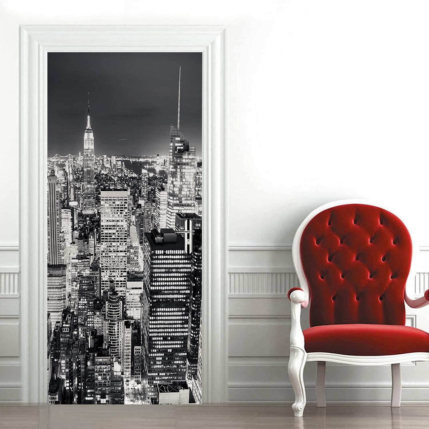 A.Monamour 3D Door Stickers for Interior Doors Night Aerial View of New York Buildings Vinyl Waterproof Self Adhesive Door Mural Decals for Bedroom Office Bathroom 77 x 200 cm