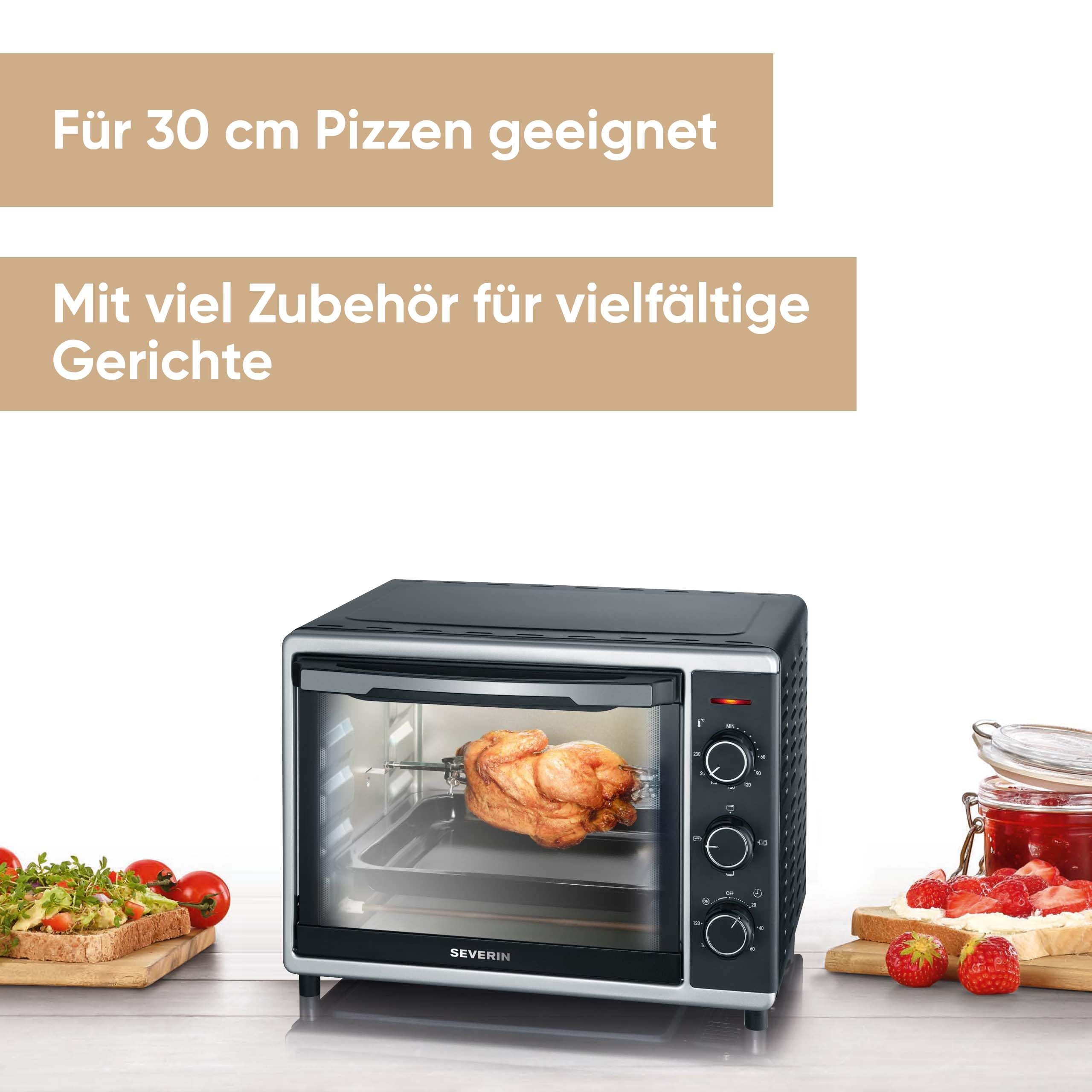 SEVERIN Back- und Toastofen mit Umluftfunktion, Mini Backofen mit Grillrost und Backblech, 30 L Kapazität, 1.600 W, silber /schwarz, TO 2056
