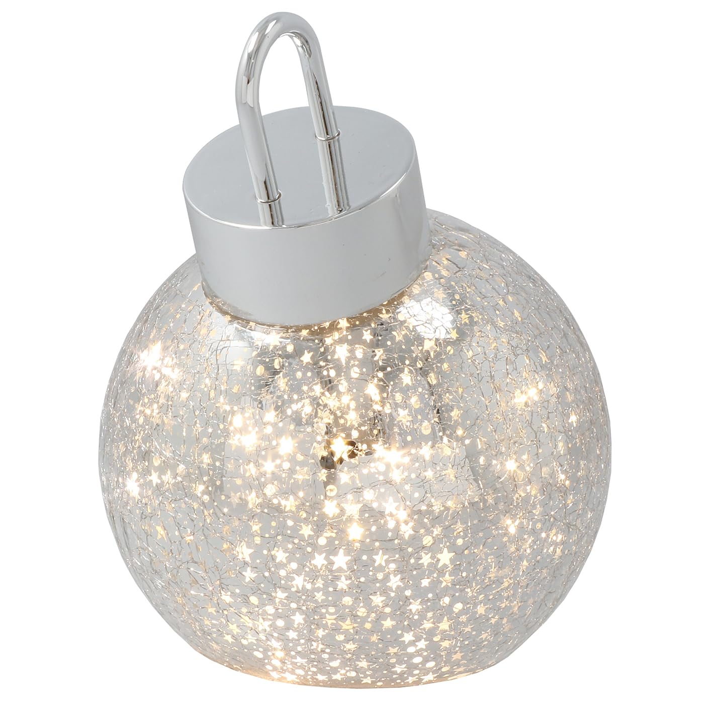 Shudehill Giftware LED Crackle Glass Bauble Collection Light Up Christmas Decorations Assorted Sizes Gold and Silver (Silver Small Height 15x Width 12x Depth 12cm)