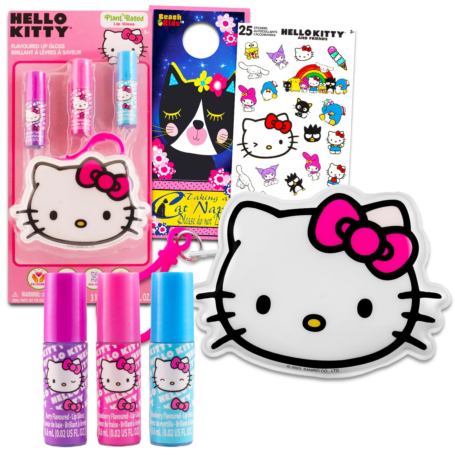 Hello Kitty Lip Gloss & Pouch For Beauty - Bundle with 3 Lip Glosses in Assorted Flavors for Party Favors Plus Pouch, Stickers, More | Hello Kitty