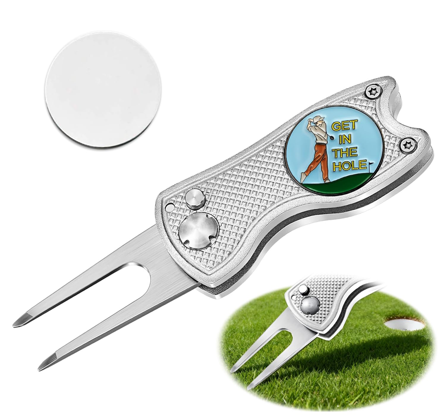 Adhere Golf Divot Tool & Golf Ball Markers Set with A strong Magnetic Hat Clips, Premium Golf Gift Pack (All metal silver Pitchfork+custom ball marker)