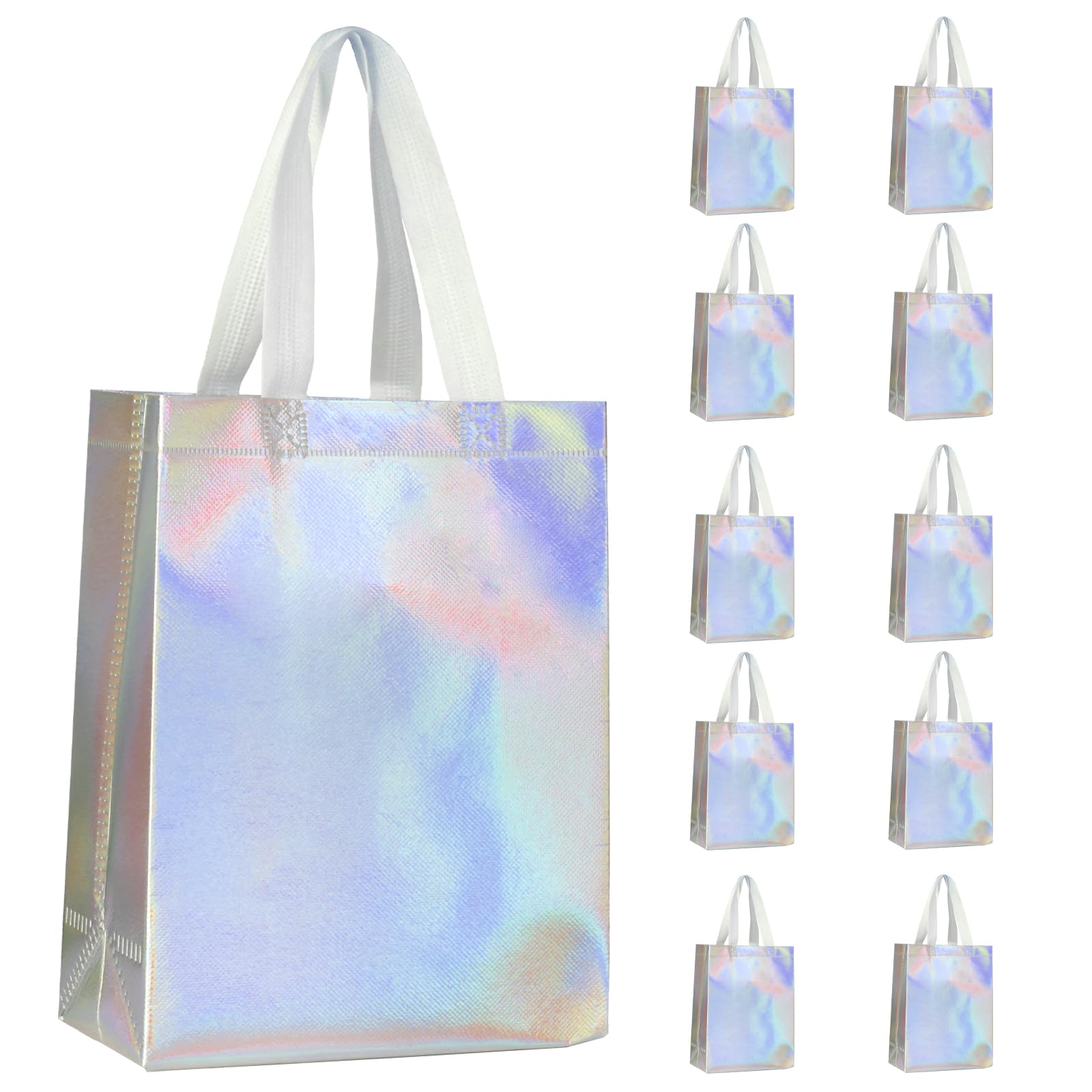 10 Pcs Glossy Iridescent Party Bags, Non-Woven Holographic Tote, Shiny Gift Bag with Handles, Reusable Gift Bags for Present, Large Party Bag for Wedding, Christmas, Shopping