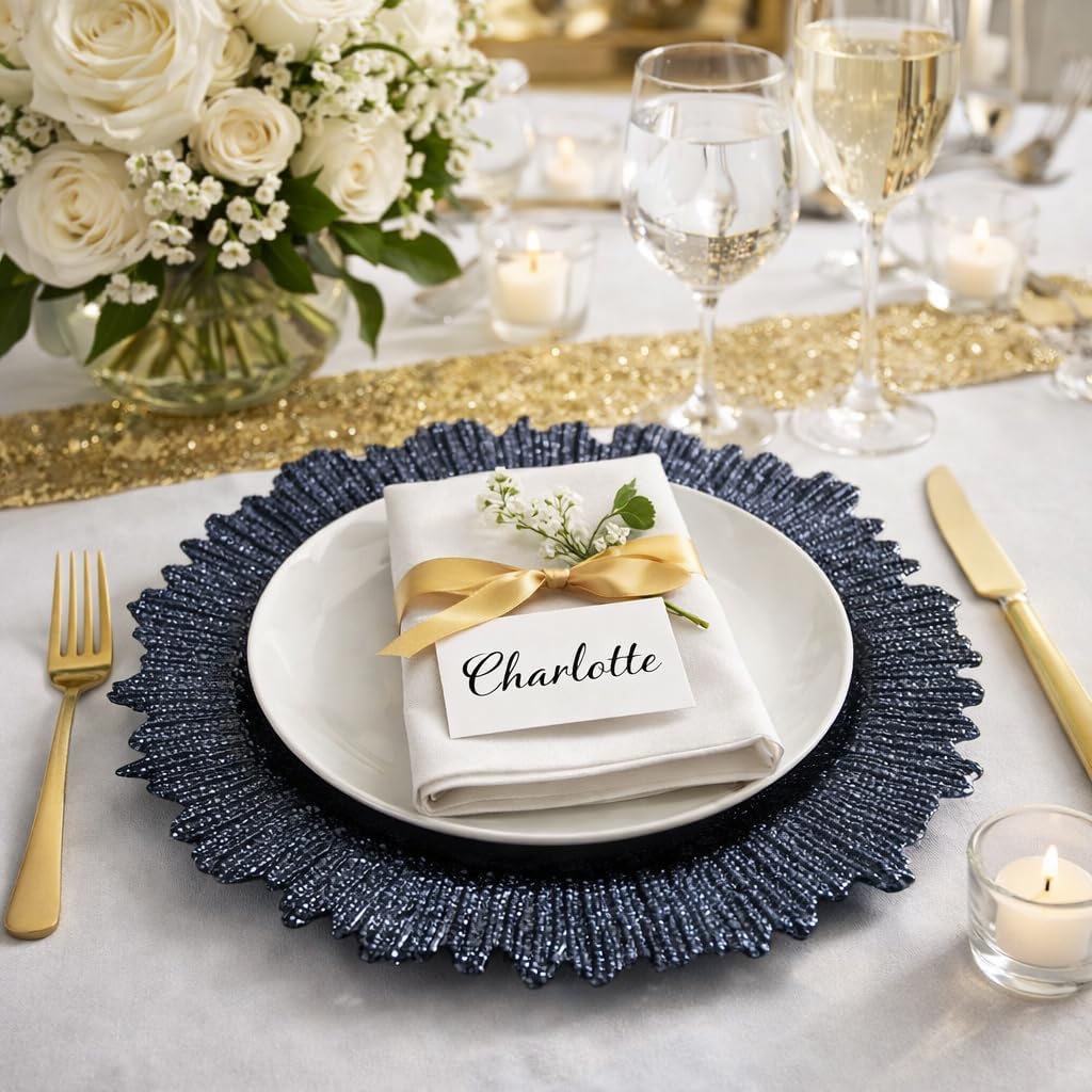 Koyal Wholesale 4Pcs Flora Charger Plates Glass Blue, Decorative Plate Chargers for Dinner Plates, Navy Blue Table Décor for Wedding, Holiday, Party Tables