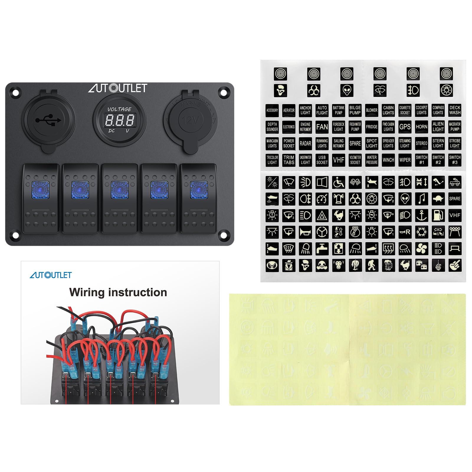 AUTOUTLET Panel przełączników 5-biegunowy, 12 V/24 V, przełącznik dźwigienkowy, IP66, wodoszczelna, podwójna ładowarka USB, woltomierz LED, zapalniczka z naklejką świetlną, do samochodów, łodzi, łodzi