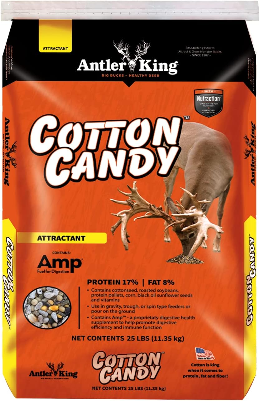 Antler King Cotton Candy New Formula Deer Attractant, 25 lb Bag Cottonseed Based Food Attractant Mix, Higher Protein, Fat and Fiber Content for Growing Healthy Deer and Big Bucks