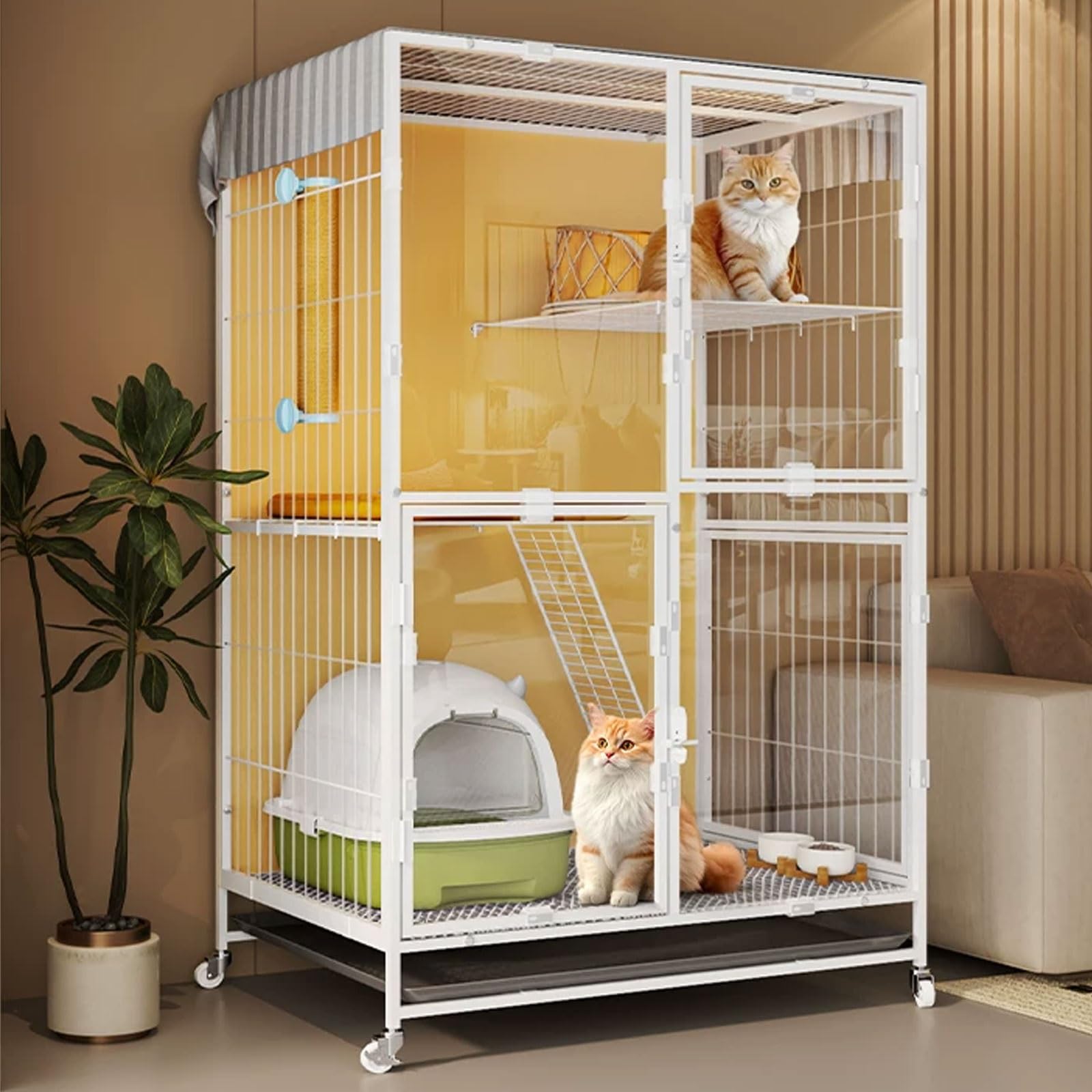 Grande gabbia per gatti con ruote, multi-zona vista panoramica, altezza 100 cm, facile da spostare, per gatti da interni