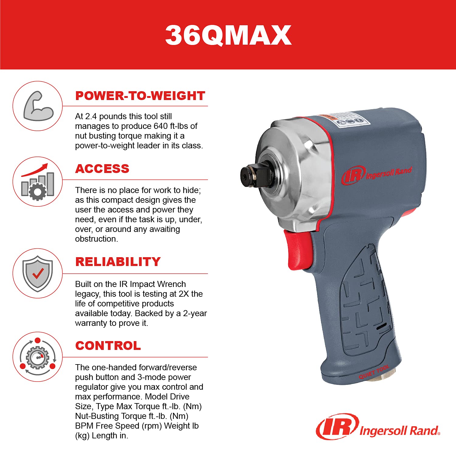 Ingersoll-Rand 36QMAX Druckluft Schlagschrauber 1/2 Zoll - Kompakter Profi Schrauber mit hoher Leistung und optimiertem Design