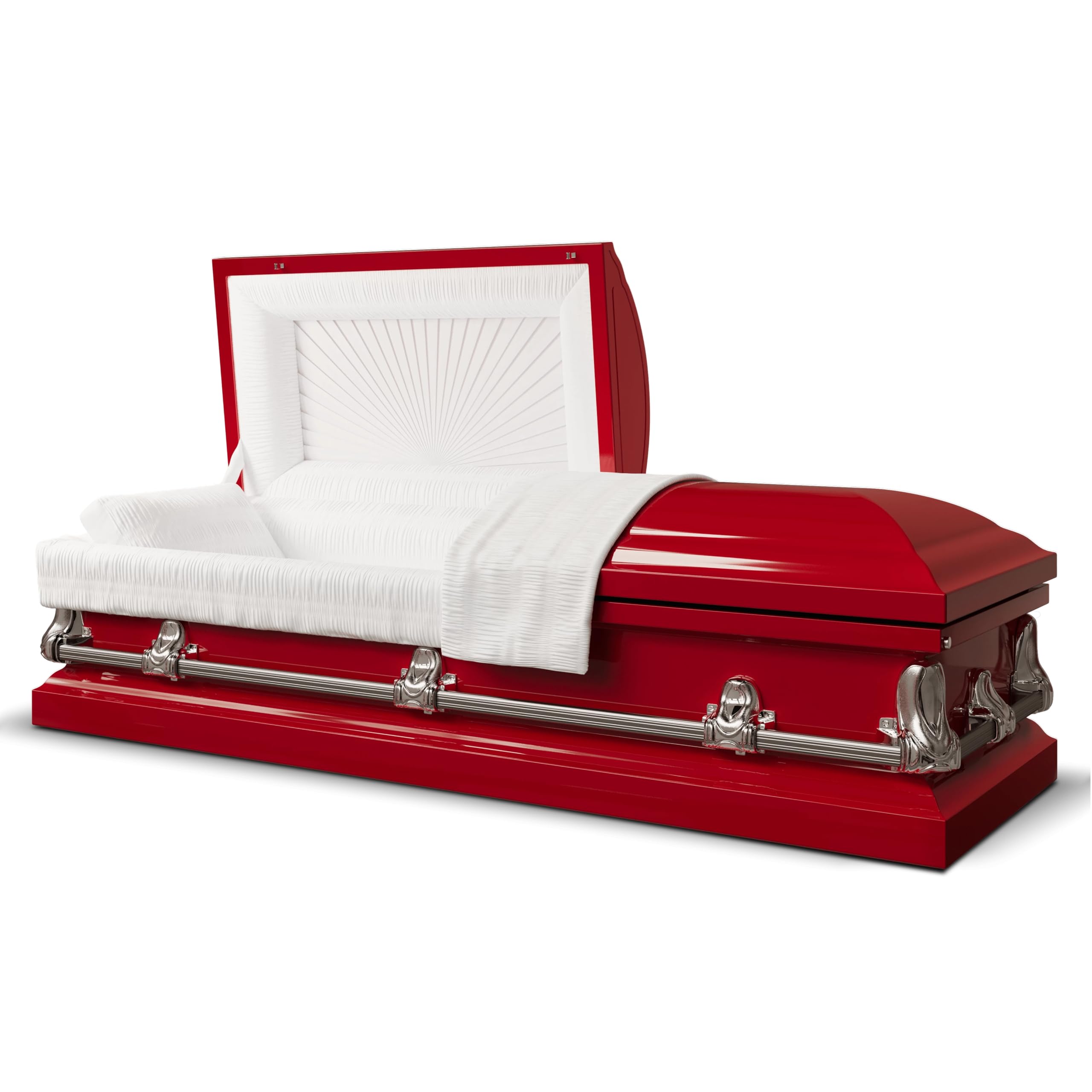 Titan Casket Elegant Orion Series Funeral Casket for Humans - Handcrafted Steel Casket with Luxurious Red Finish & White Crepe Interior, Reinforced Handles, Adjustable Bed with Gasketed Sealer