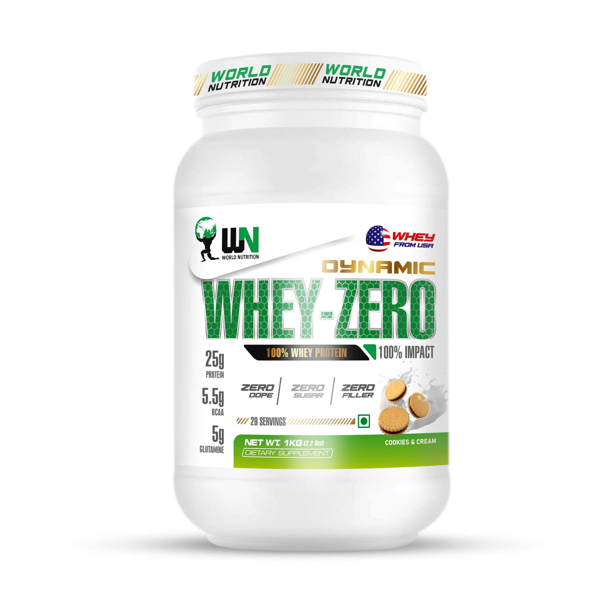 Dynamic Whey-Zero | Whey Protein Powder with 25g Protein, 5.5g BCAA & 5g Glutamine | For Muscle Growth, Workout Recovery & Strength Support | Cookies & Cream - 1Kg