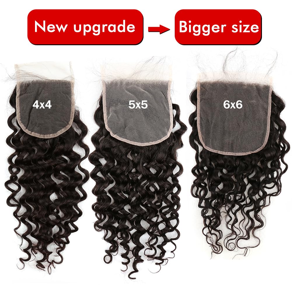 6x6 Lace Closure Water Wave Free Part One Donor Virgin Human Hair Extensions Pre-plucked With Baby Hair Natural Black Color 18 inch