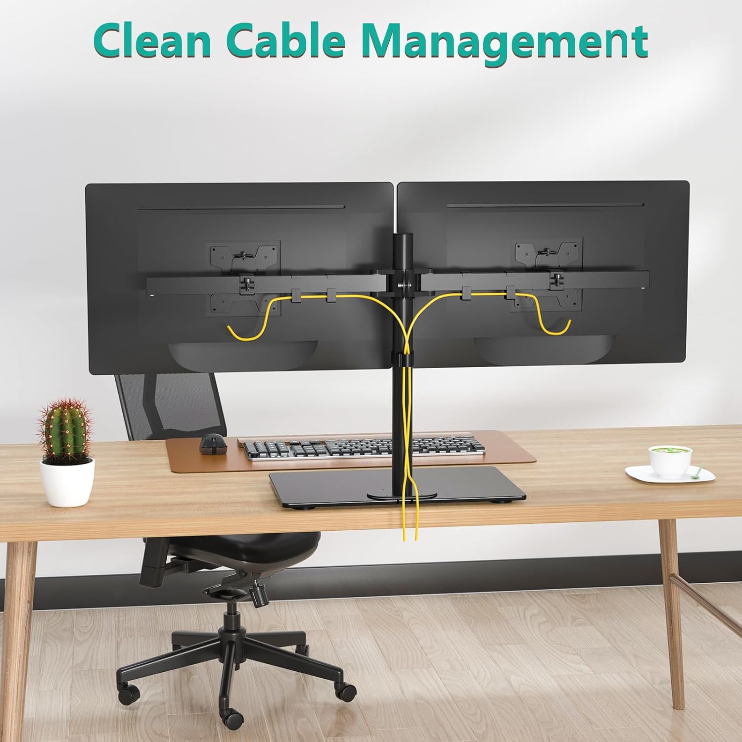 WALI Free Standing Dual Monitor Stand, Height Adjustable Monitor Mount with Glass Base, Fits LCD LED Flat Curved Screen up to 27 inch, 22lbs, with Grommet Base (GMF002)