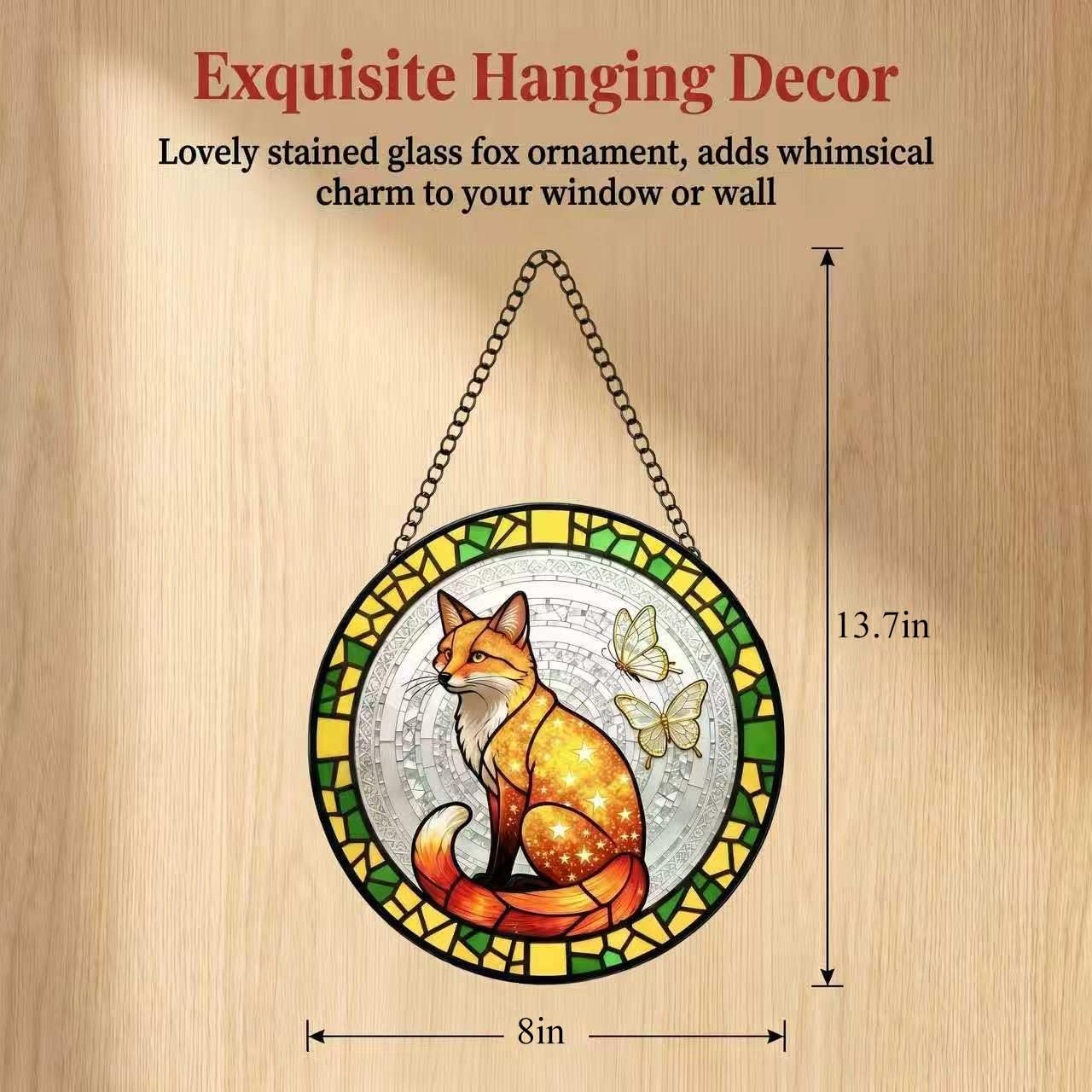 8 Inches Stained Glass Window Hanging, Suncatcher Stained Glass Kit Room Decor Glass Panel Anniversary Birthday Gifts for Women mom and Grandma (Yellow Fox)