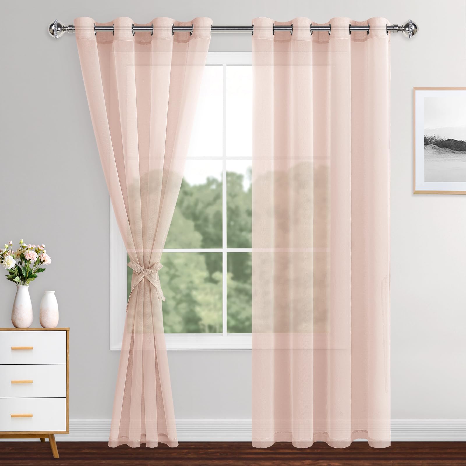 XWZO Sheer Curtains 2 Panels Linen Look Voile Curtains Semi Transparent Grommet Tieback Window Curtains for Bedroom,Light Filtering,Airy & Breathable Voile Drapes,Blush Pink,W55*L90 — image 1