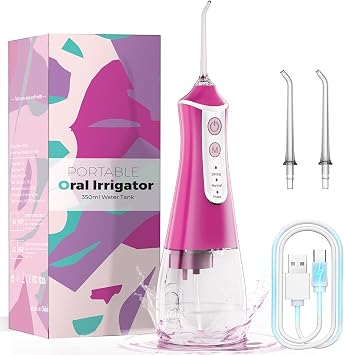 Water Flosser for Teeth Cordless & Oral Irrigator Dental Flosser, 350ML Portable flossers for Teeth Care Home Use and Travel, 3 Modes, Rosy Red