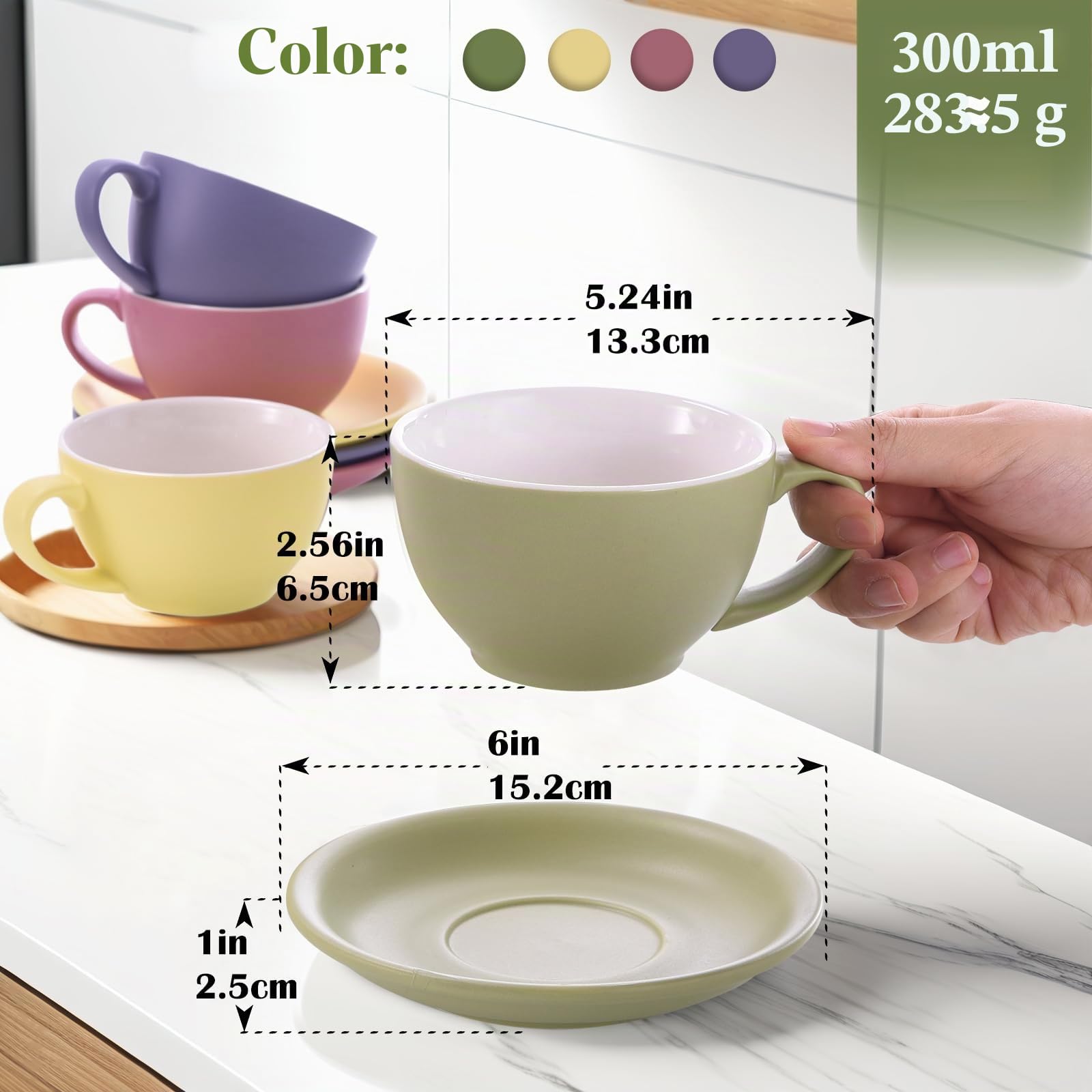 Yundu Juego de tazas de capuchino de color mate de 4 a 10 onzas de cerámica con platillos, elegantes tazas de espresso para café y té