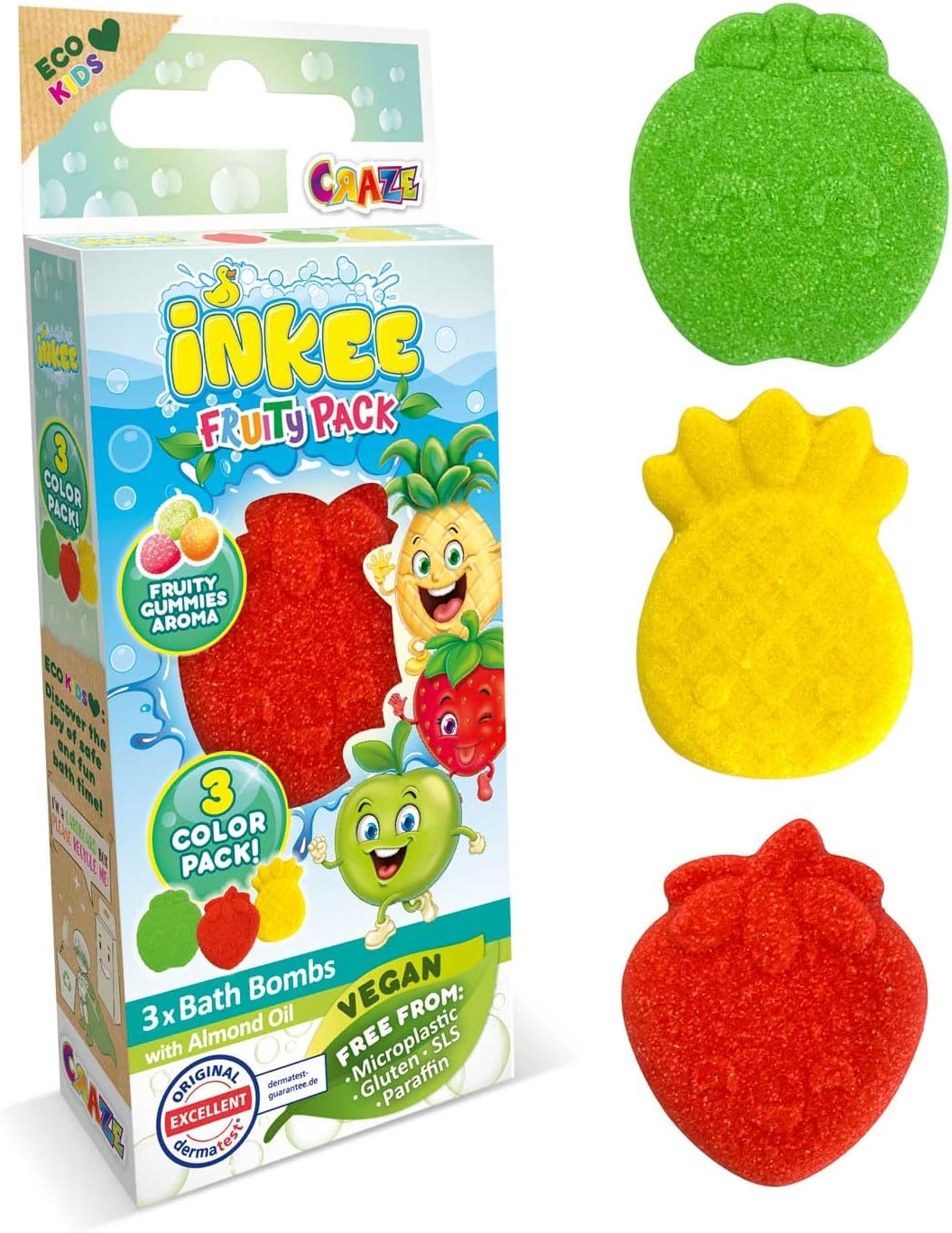 INKEE Fruit Pack of 3 Children's Bath Bombs with 3 Different Fruit Shapes - Children's Bath Additive with Jojoba Oil and Fruit Gum Aroma