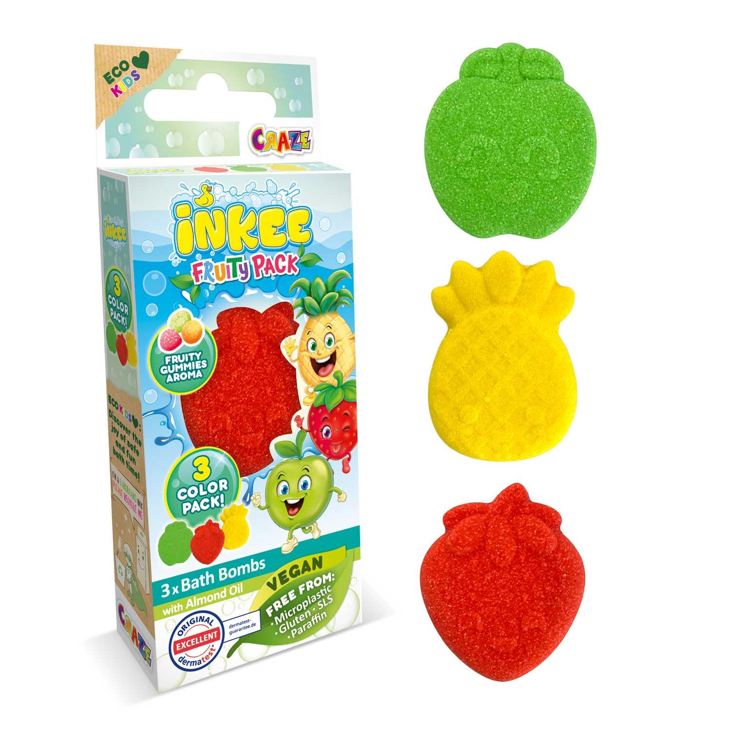 INKEE Fruit Pack of 3 Children's Bath Bombs with 3 Different Fruit Shapes - Children's Bath Additive with Jojoba Oil and Fruit Gum Aroma