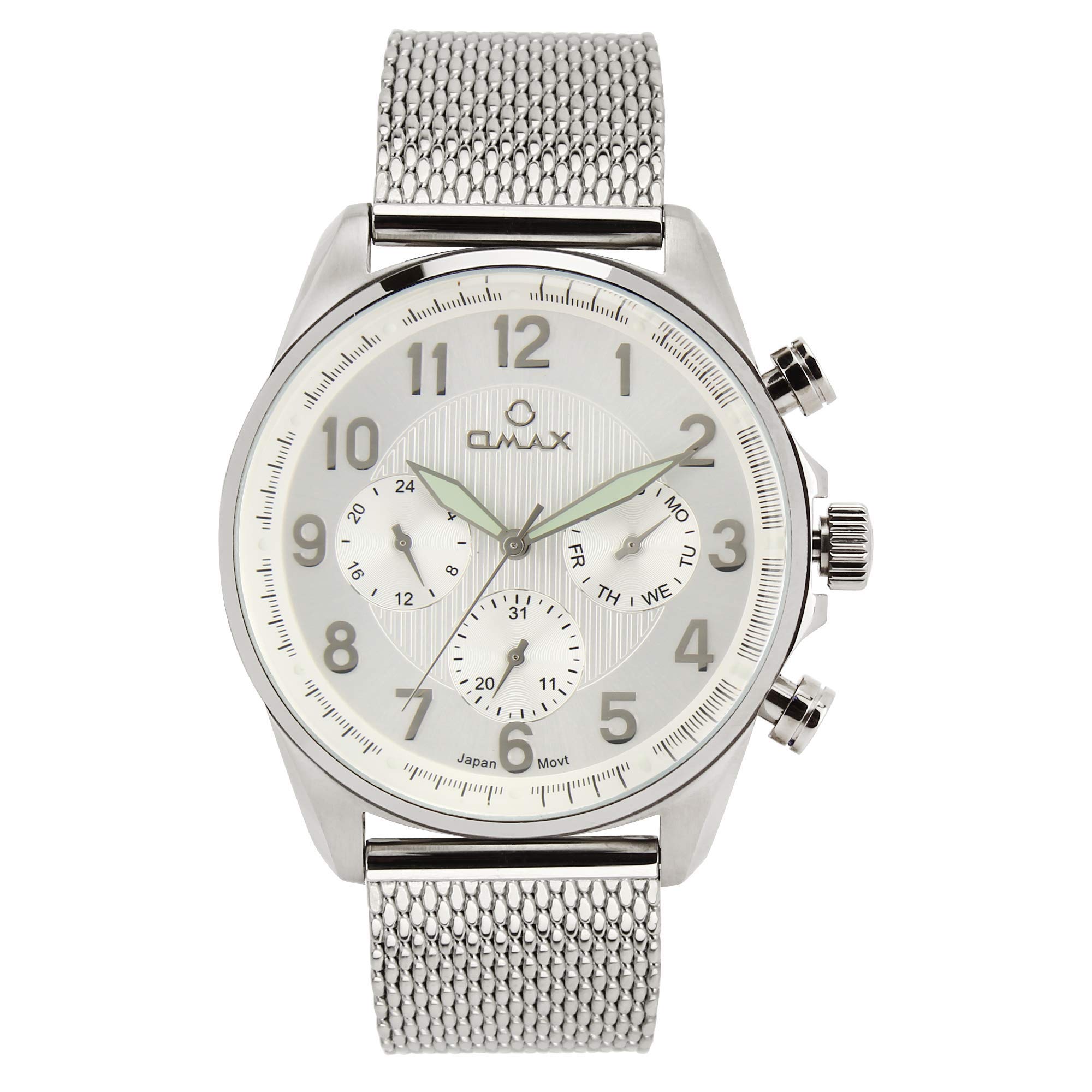 OMAX Analog Multifunction White Dial Mens Watch - Elegant Silver Mesh Chain Strap, Luminous Hands, Date Display & Day Indicator - Versatile Timepiece for Men - Ideal Gift for Special Occasions (B07N1QWJ9D) Amazon Price History, Amazon Price Tracker