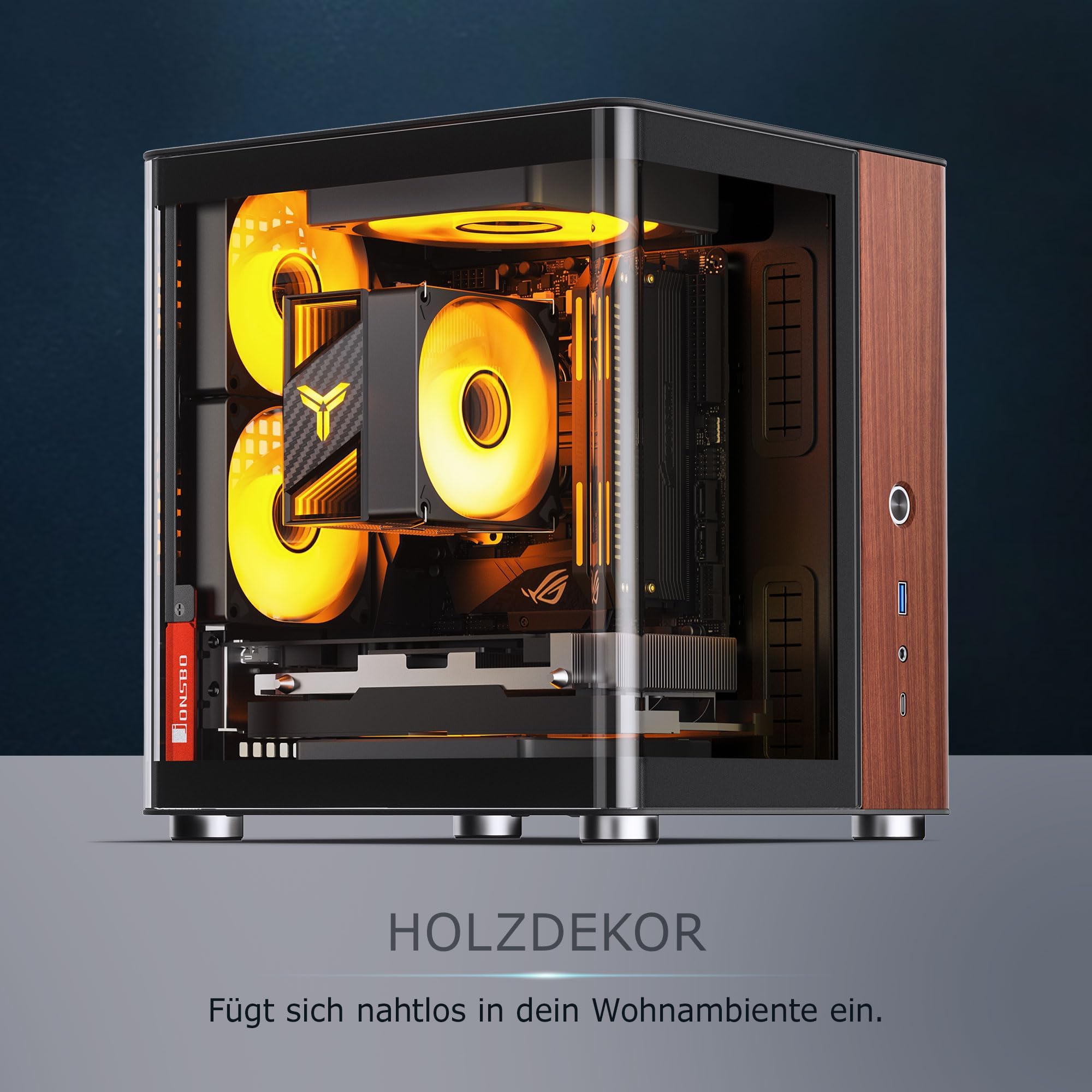 Jonsbo TK-0 Mini ITX Case schwarz - ITX Gehäuse mit Tempered Glass, Mini PC Gehäuse Holz, SFF Case für Grafikkarten bis 230mm, USB C am Frontpanel, 90 Grad Drehbarkeit für Flexible Platzierung