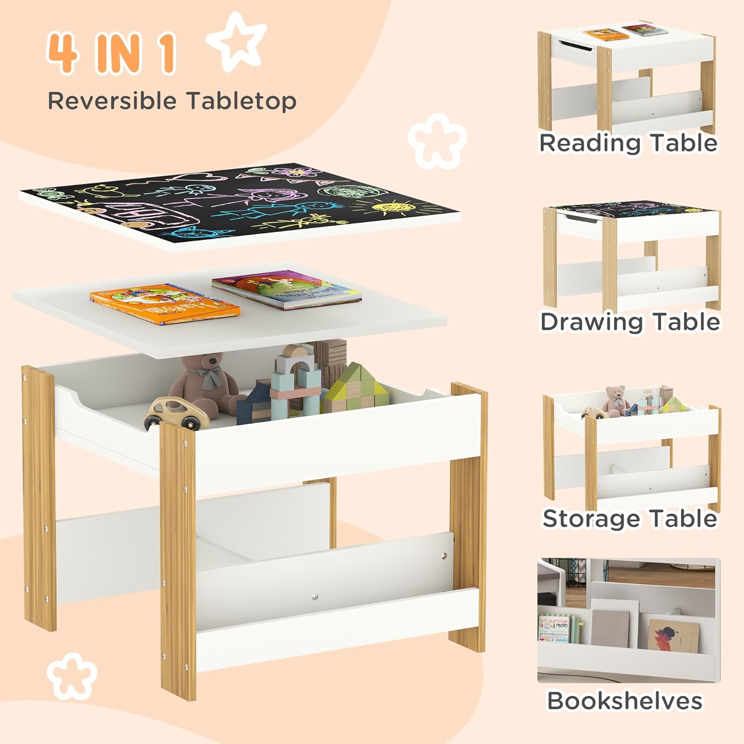 Qaba 3 Piece Kids Table and Chair Set, 4 in 1 Toddler Wooden Activity Table with Reversible Tabletop Blackboard, Storage & Bookshelves for Playroom, Nursery, Natural