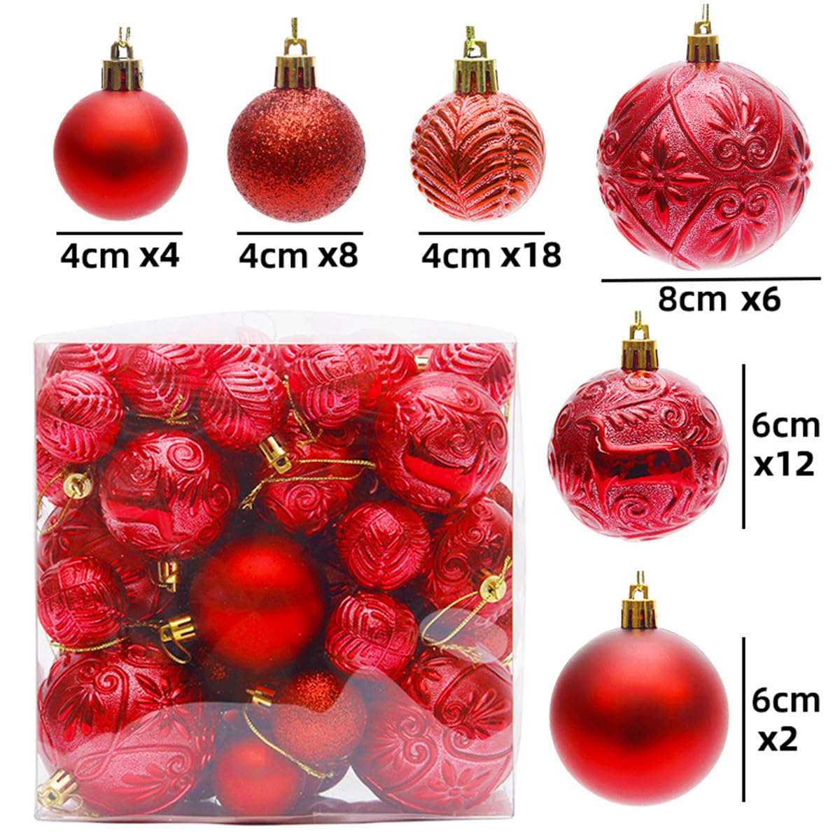 Weihnachtsbaumkugeln, 50PCS Weihnachtsbaum Dekorationen Set, Weihnachtskugeln Baum Dekorationen Kugeln Ornamente für Weihnachten Hängende Dekorationen (Rot)