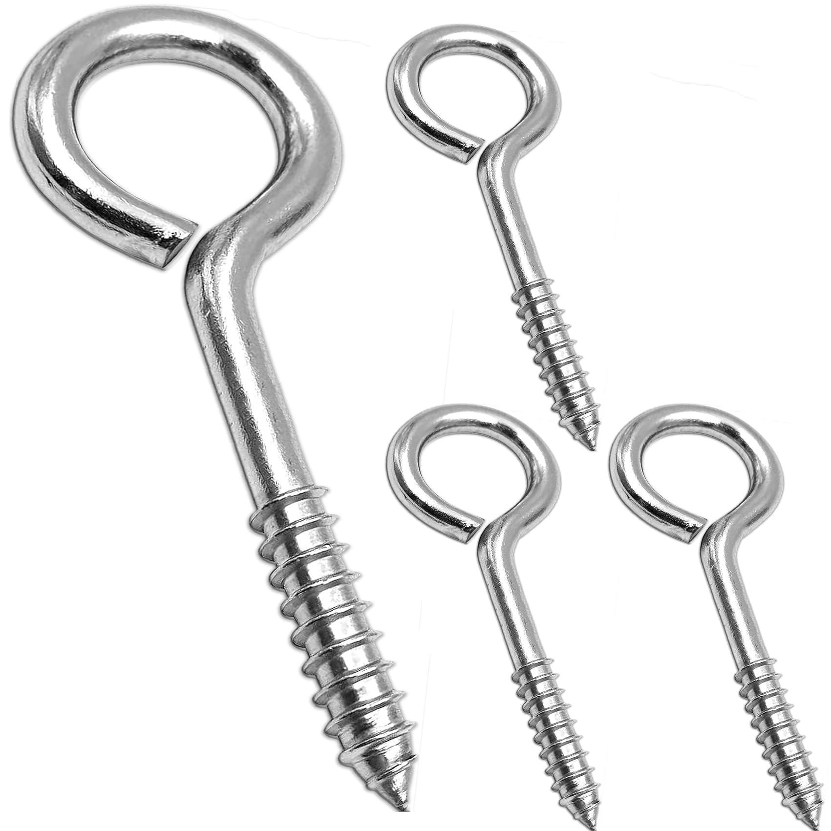 Litensh 4pcs M10 Large Eye Hooks Stainless Steel Screw Eyes 125mm Heavy Duty Bolts Screw in Hooks Solid Hanging Screws Strong Eye Bolt for Wood Secure Cable Wires Silver, M10-125MM