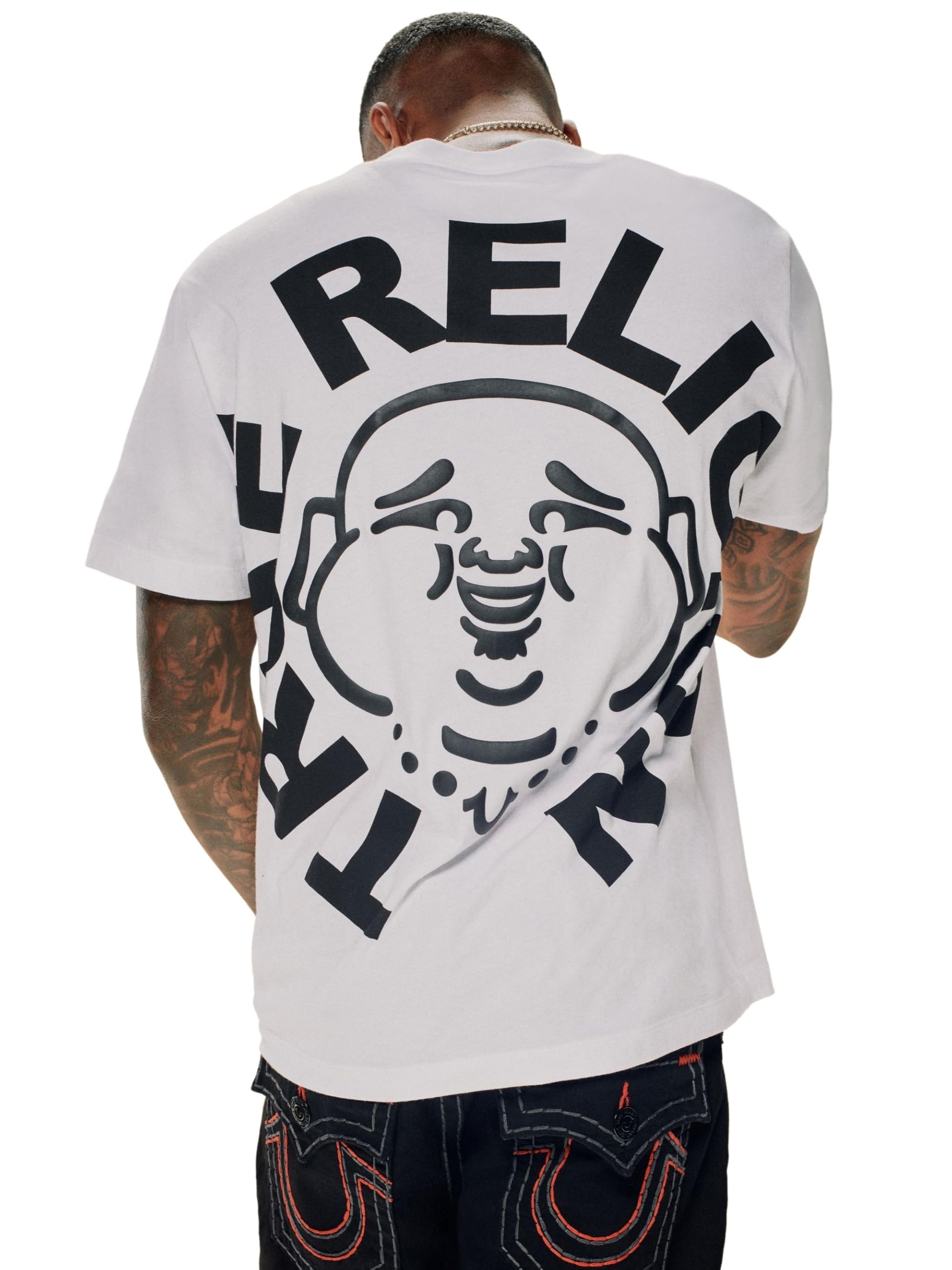 True Religion Men's Short Sleeve Buddha Face Tee - Casual Graphic T-Shirt, Optic White, XL